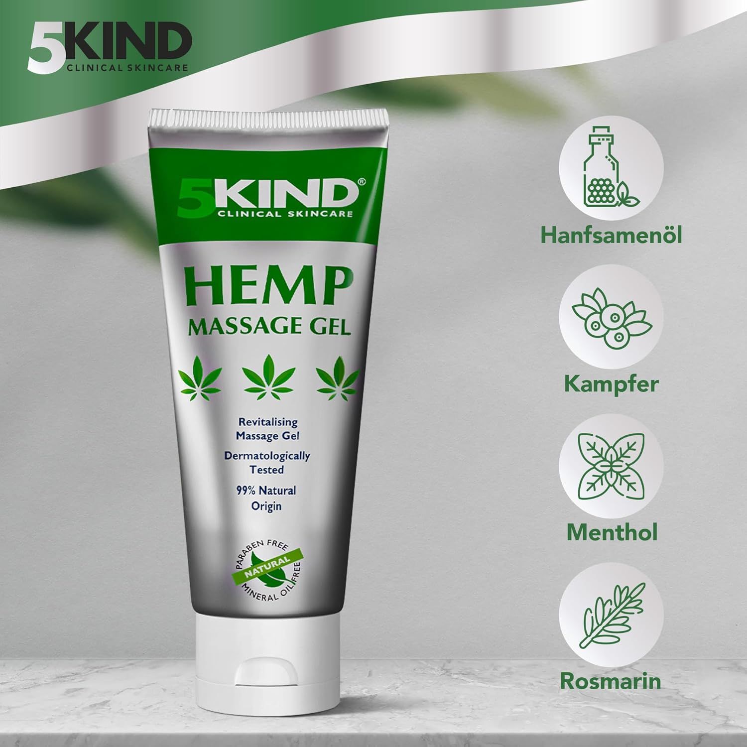 Tubo di gel da massaggio al 5kind Hemp. Design verde e bianco. Olio di semi di canapa, canfora, mentolo, rosmarino. Testo: HEMP MASSAGE GEL.