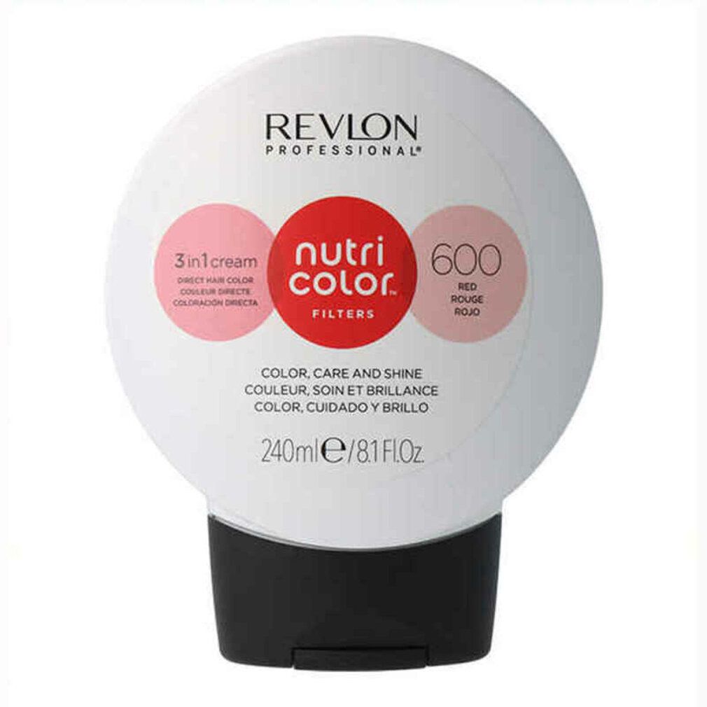 Flacone bianco e nero con etichetta rossa. Revlon Nutri Color Filters 600. Testo: 3 in 1 cream, Color, Care and Shine, 240ml.