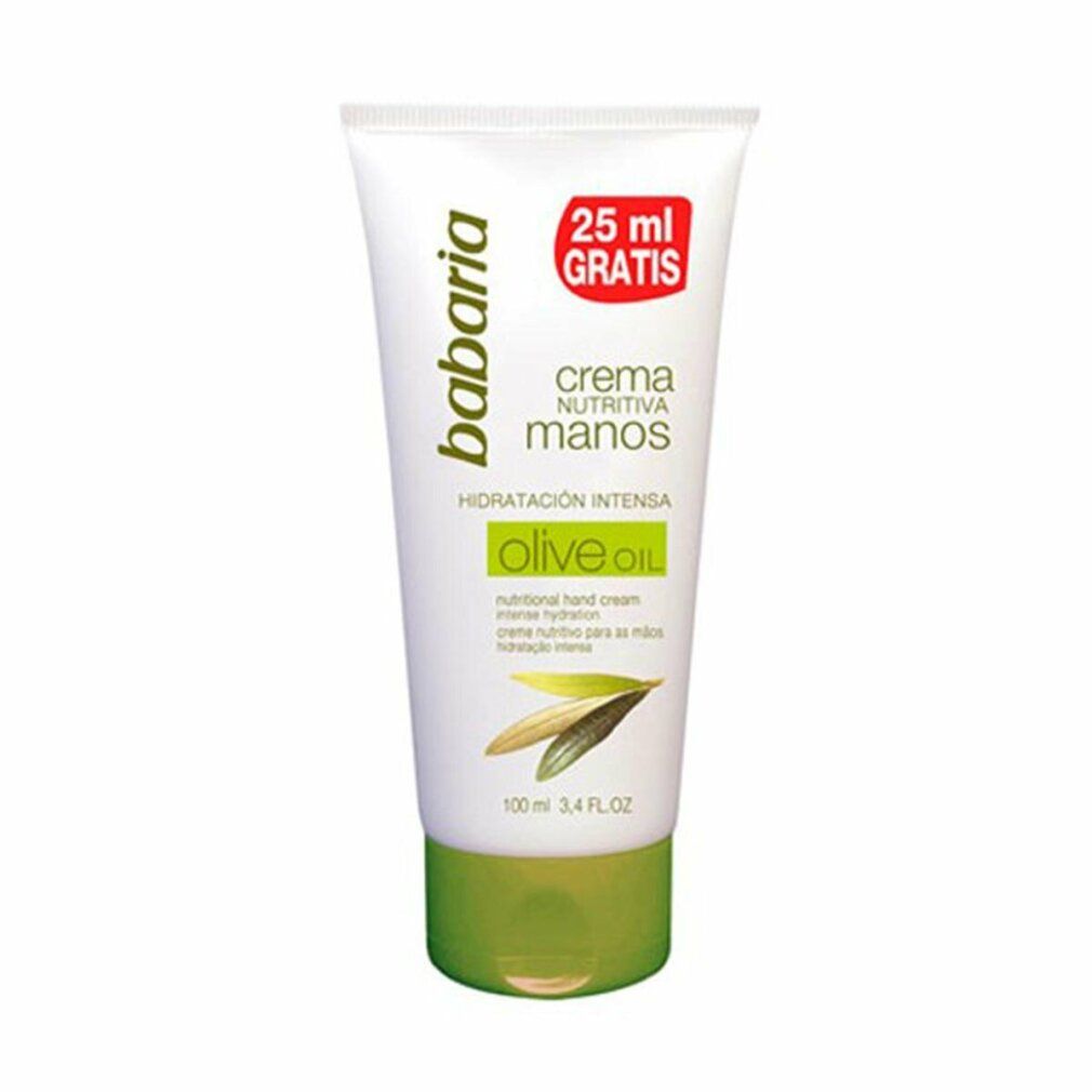 Tubo crema Babaria con logo olio d'oliva. Testo: Crema Nutritiva Manos. 25 ml gratis. Confezione verde e bianca.