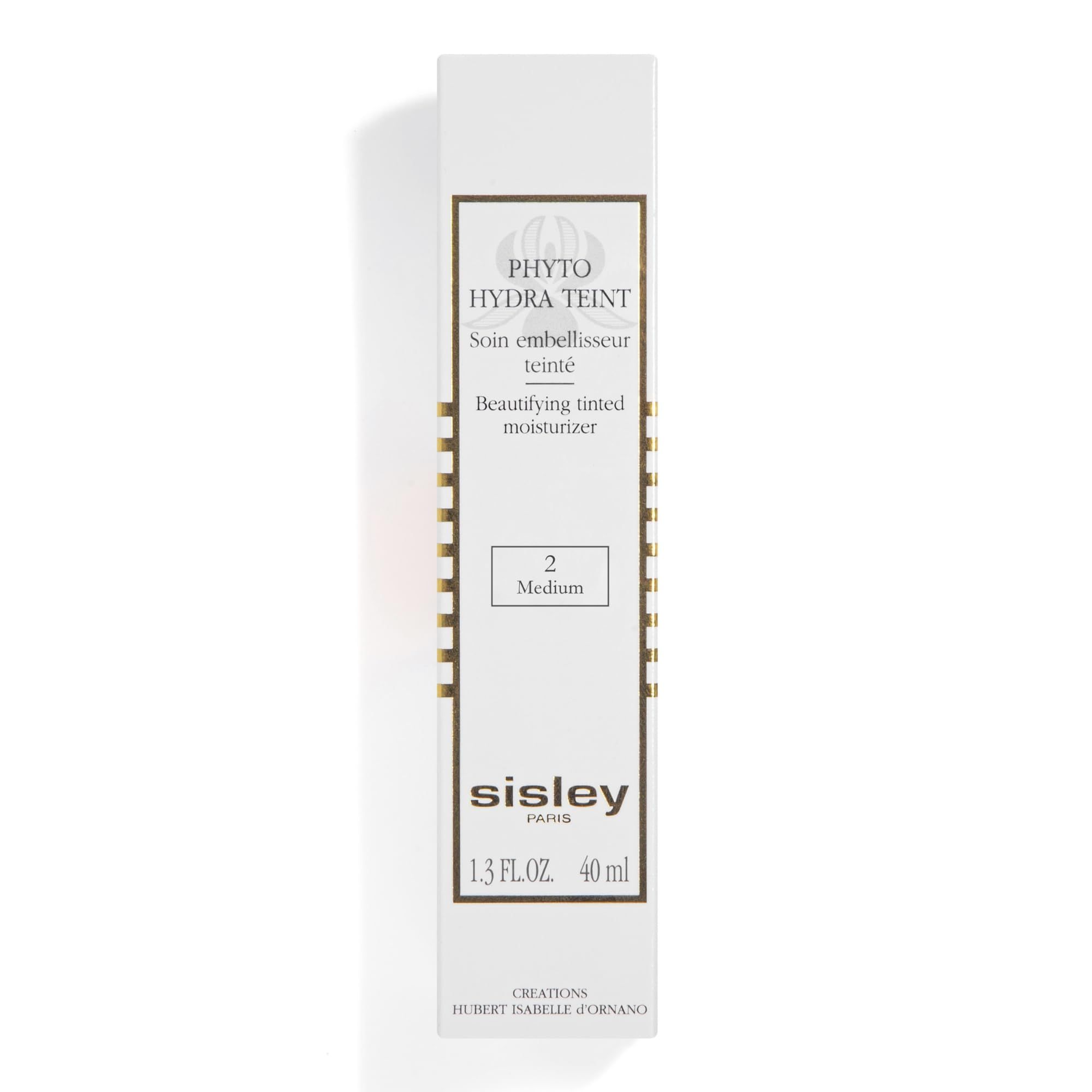 Confezione di crema idratante colorata. Scritta: Phyto Hydra Teint, tonalità 2 Medium, 40 ml. Marchio: Sisley Paris.