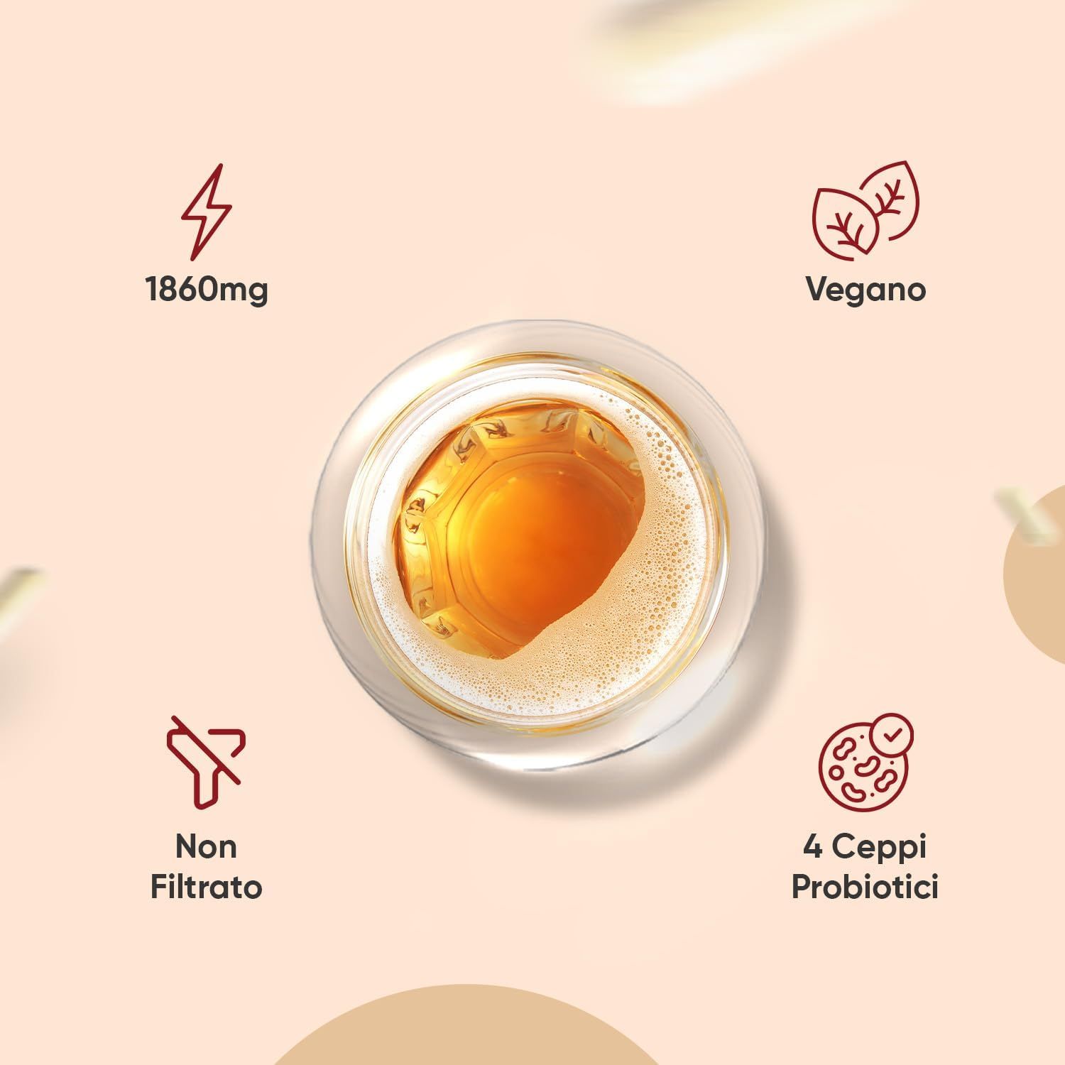 Bicchiere di aceto di mele. Simboli: 1860mg, vegano, non filtrato, 4 ceppi probiotici.