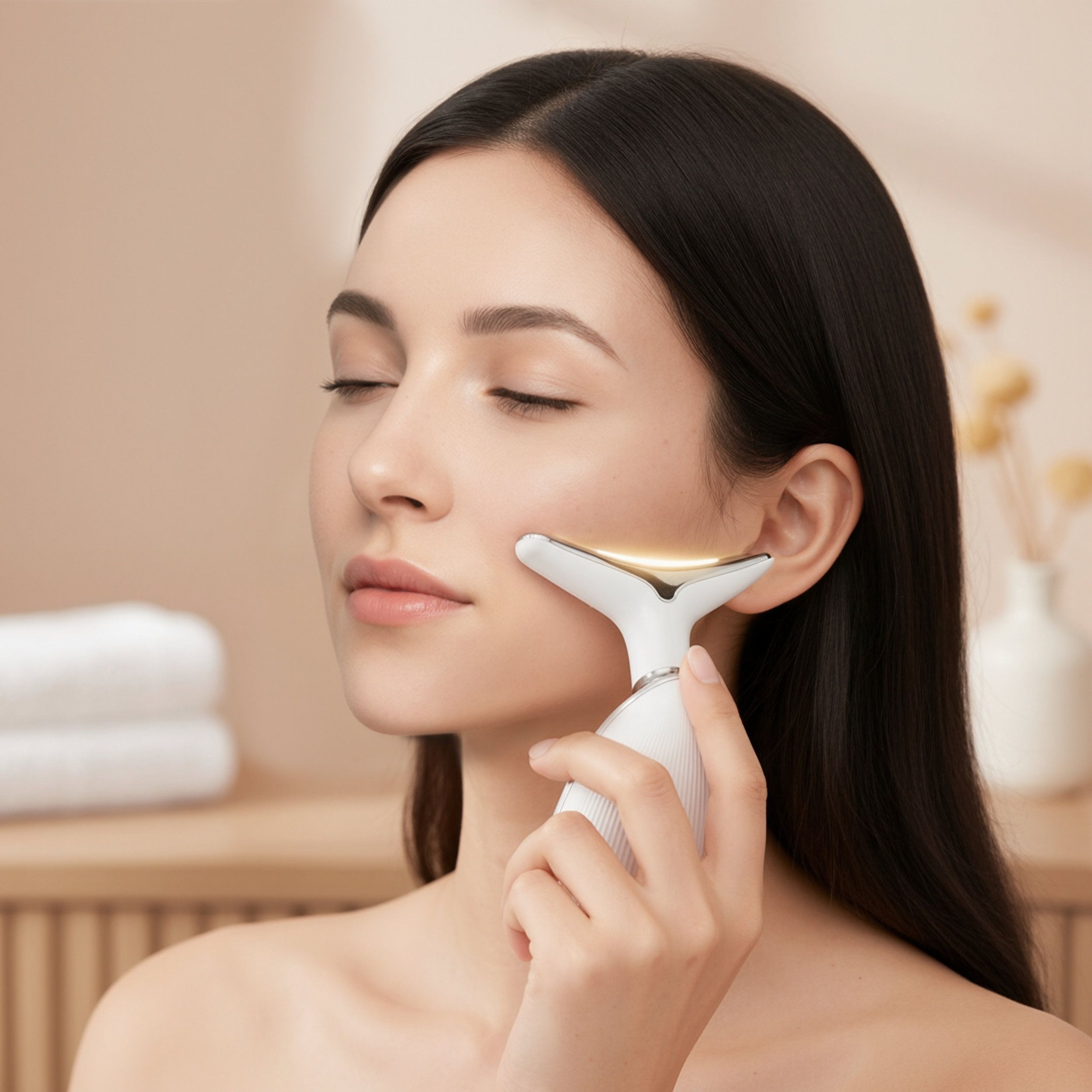 Dispositivo bianco ergonomico per il viso. Applicazione sulla mascella. Effetti luce dorati.