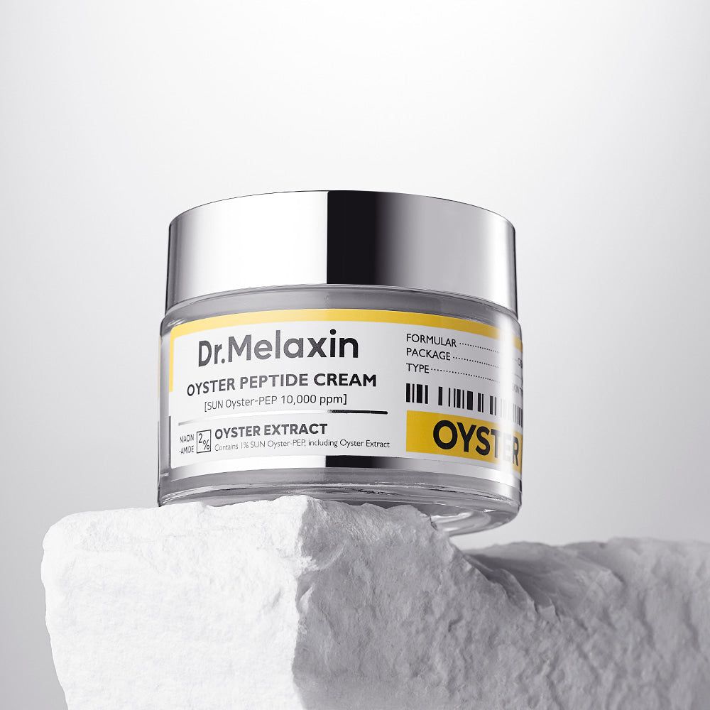 Crema peptidica di ostrica Dr. Melaxin su una pietra, con etichetta in evidenza.