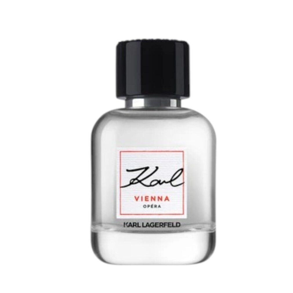Karl Lagerfeld Vienna Opera Eau de Toilette. Flacone trasparente, tappo nero. Etichetta rossa con testo.