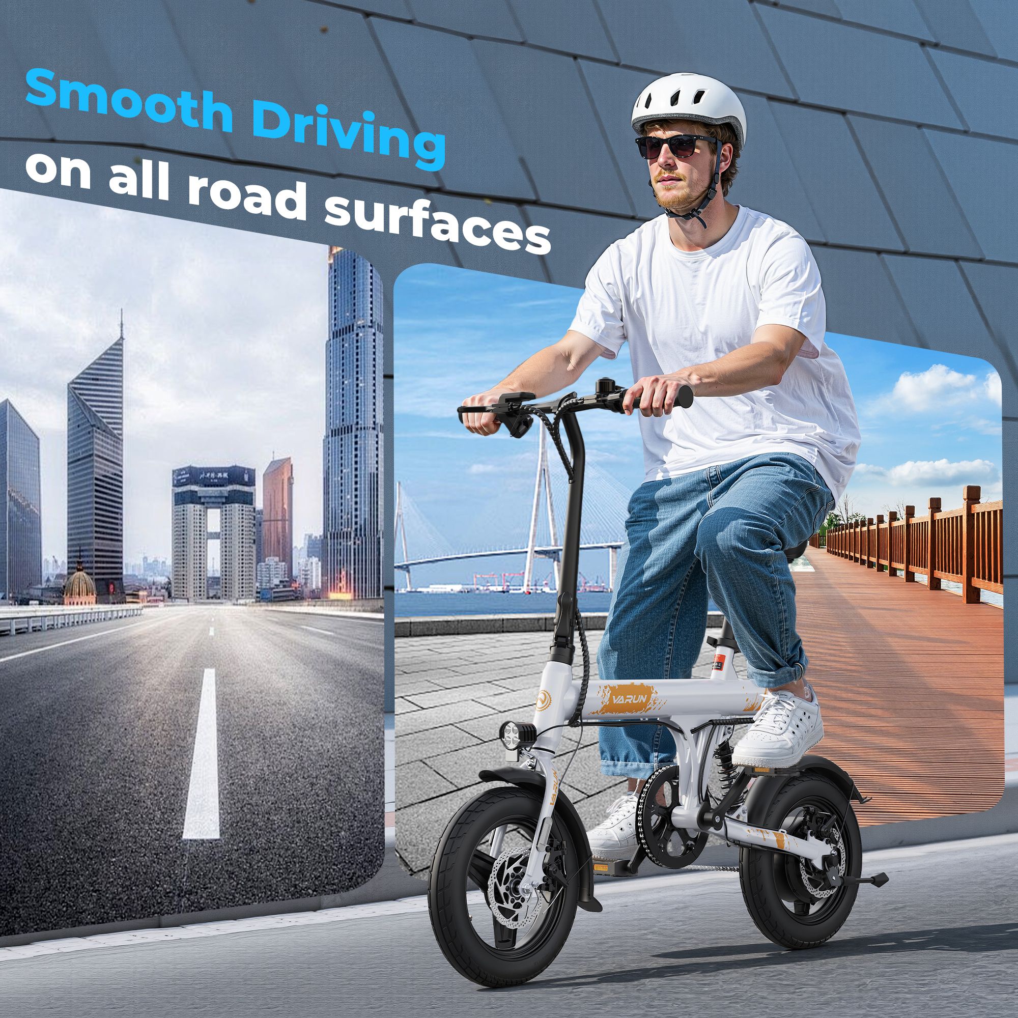 Persona che guida una e-bike su strada. Testo: Smooth Driving on all road surfaces. Indossa casco e occhiali da sole.