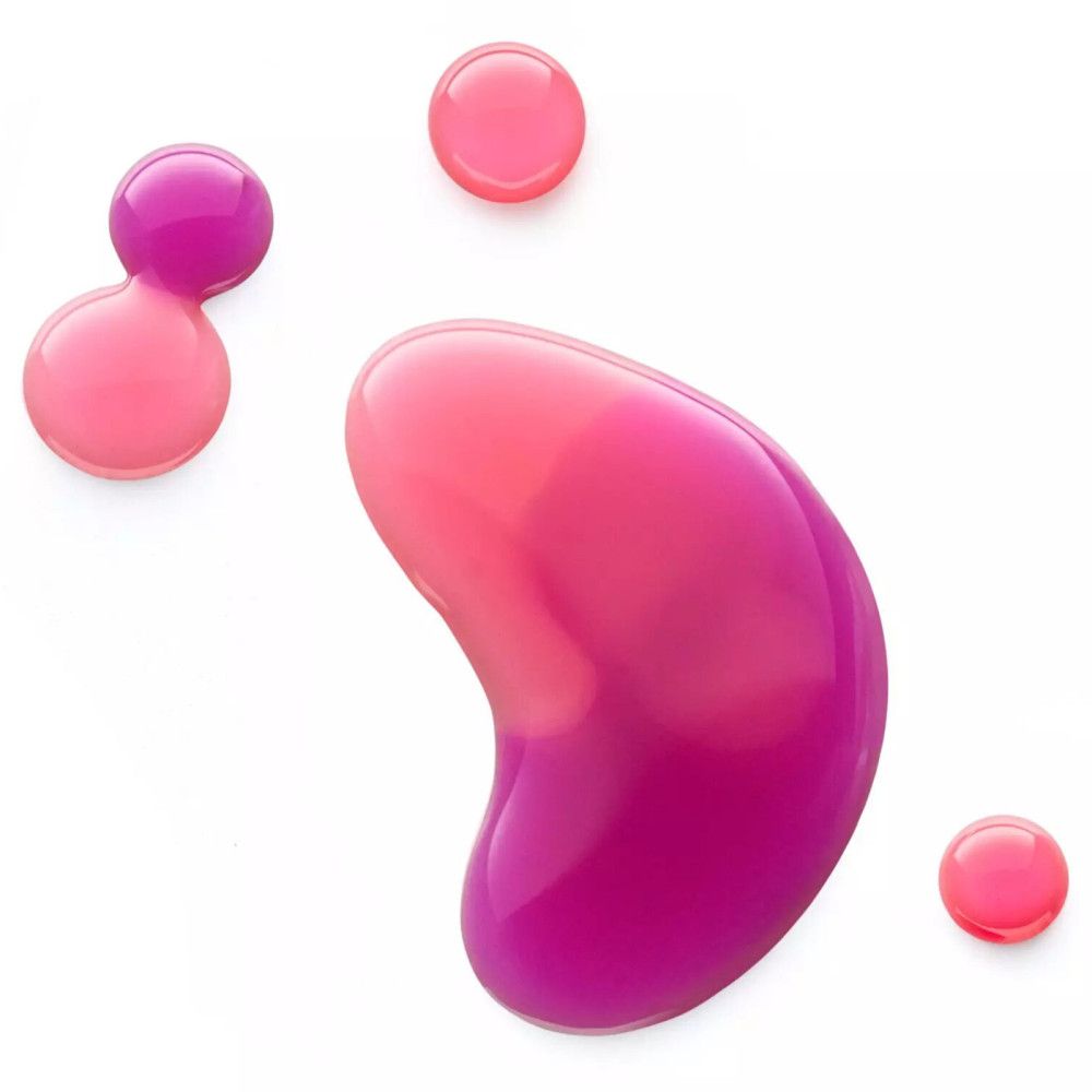 Primo piano di gocce di olio per labbra rosa e viola su sfondo bianco. Diverse forme e dimensioni.