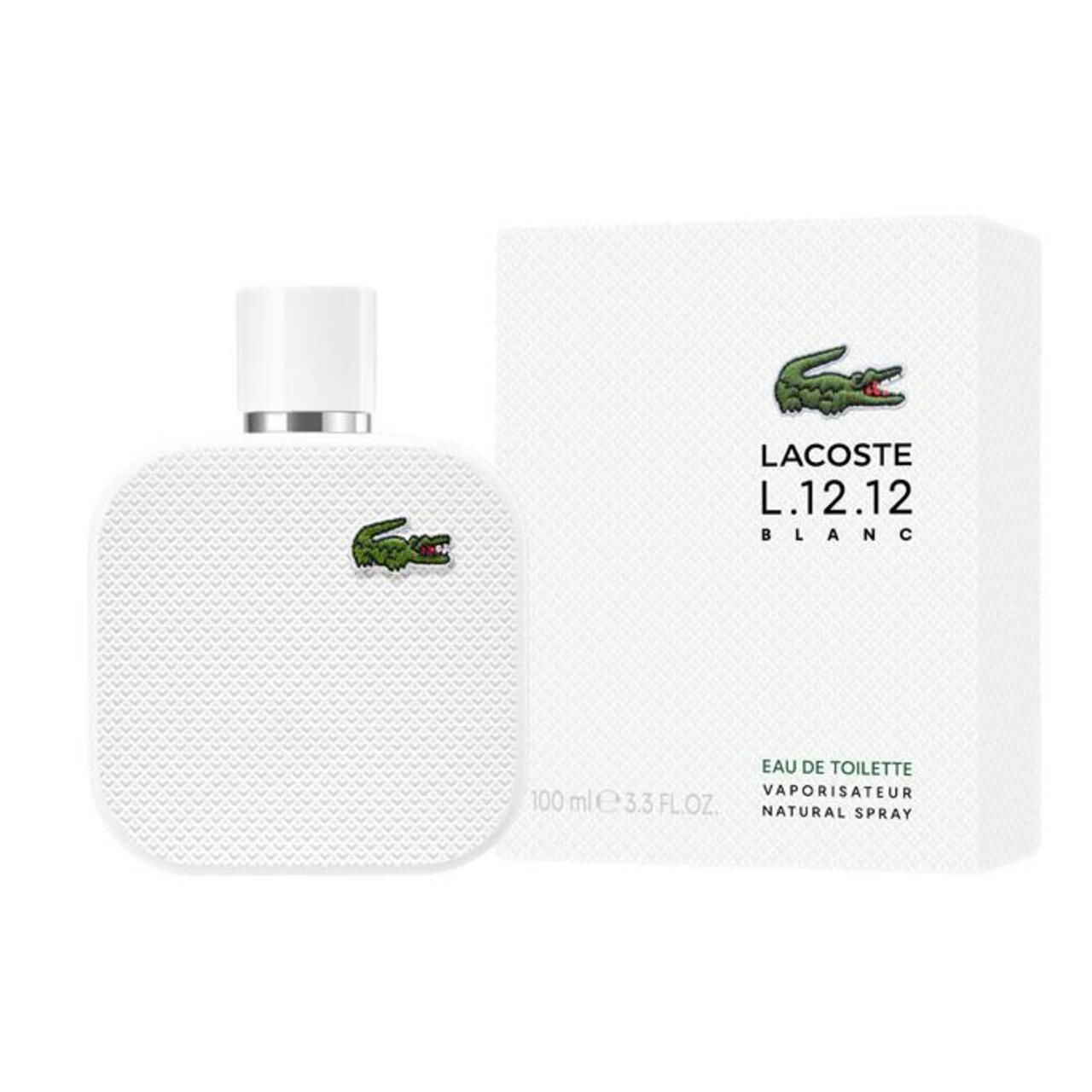 Flacone e confezione bianchi. Logo coccodrillo verde. Scritta Lacoste L.12.12 Blanc. Eau de Toilette.