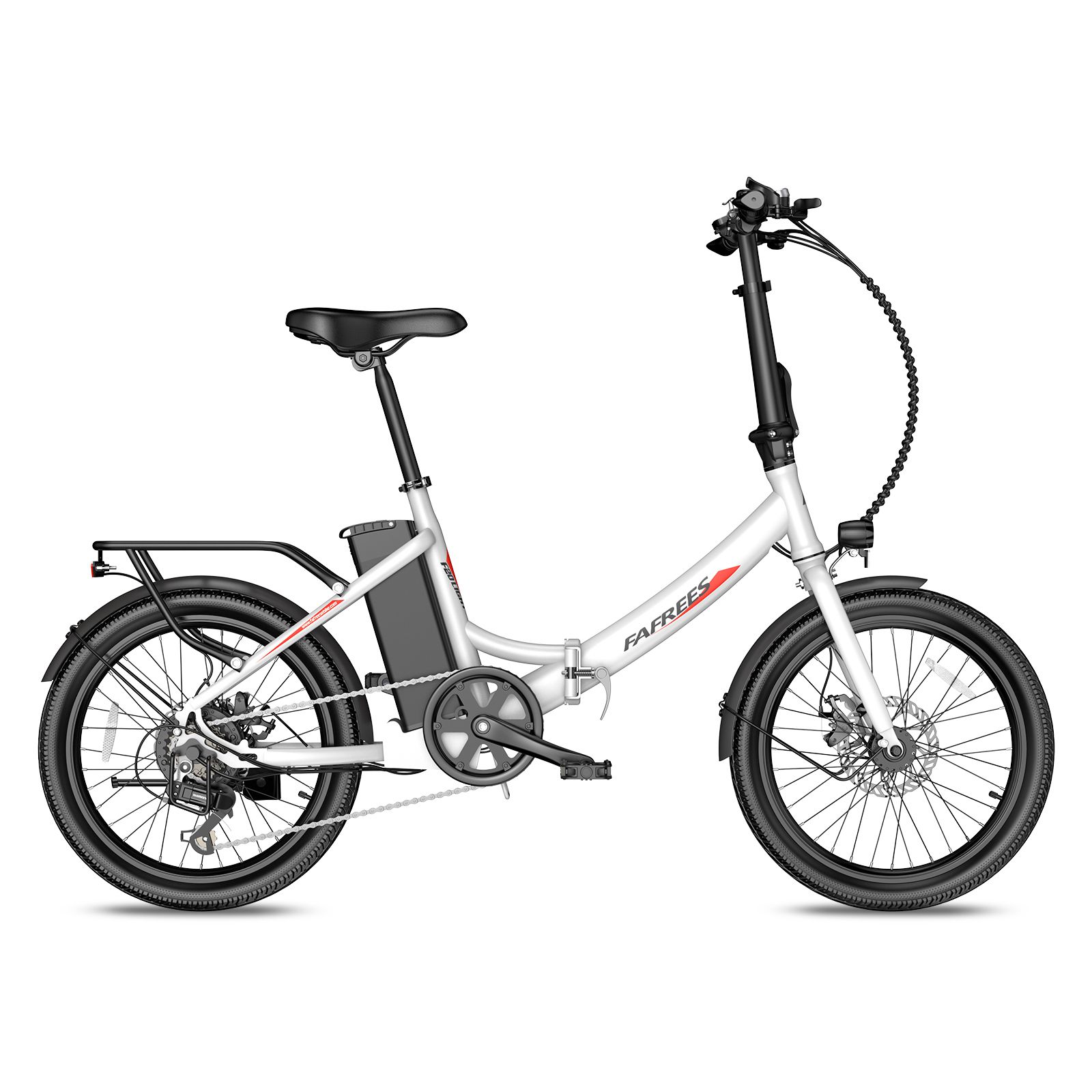 E-bike Fafrees F20Light argento. Sella, pneumatici e portapacchi neri. Batteria sul telaio.