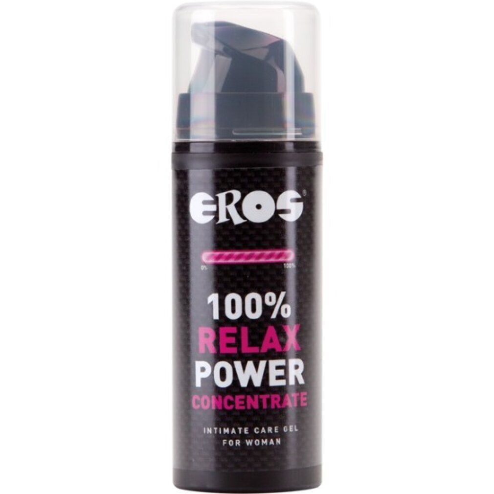 Flacone scuro con dosatore. Scritta: EROS, 100% RELAX POWER CONCENTRATE, Intimate Care Gel for Women.