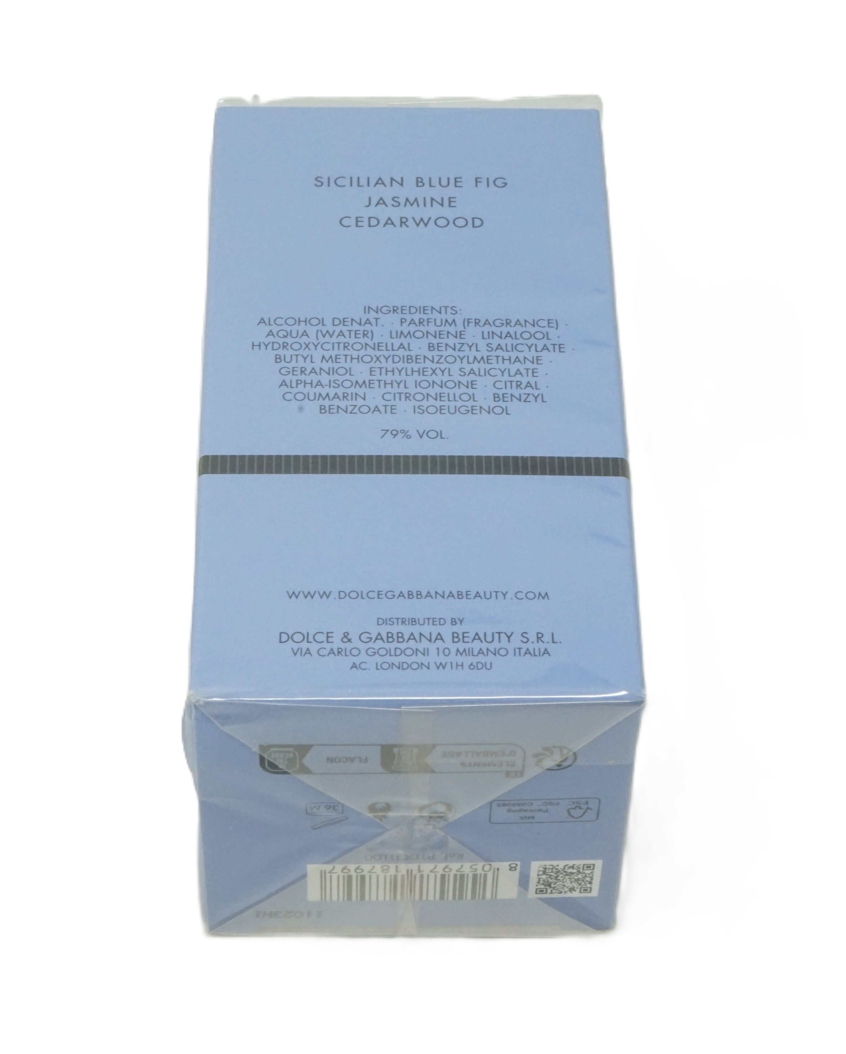 Confezione azzurra. Testo: Sicilian Blue Fig, Jasmine, Cedarwood. Dolce & Gabbana Beauty. Ingredienti. 79% Vol.