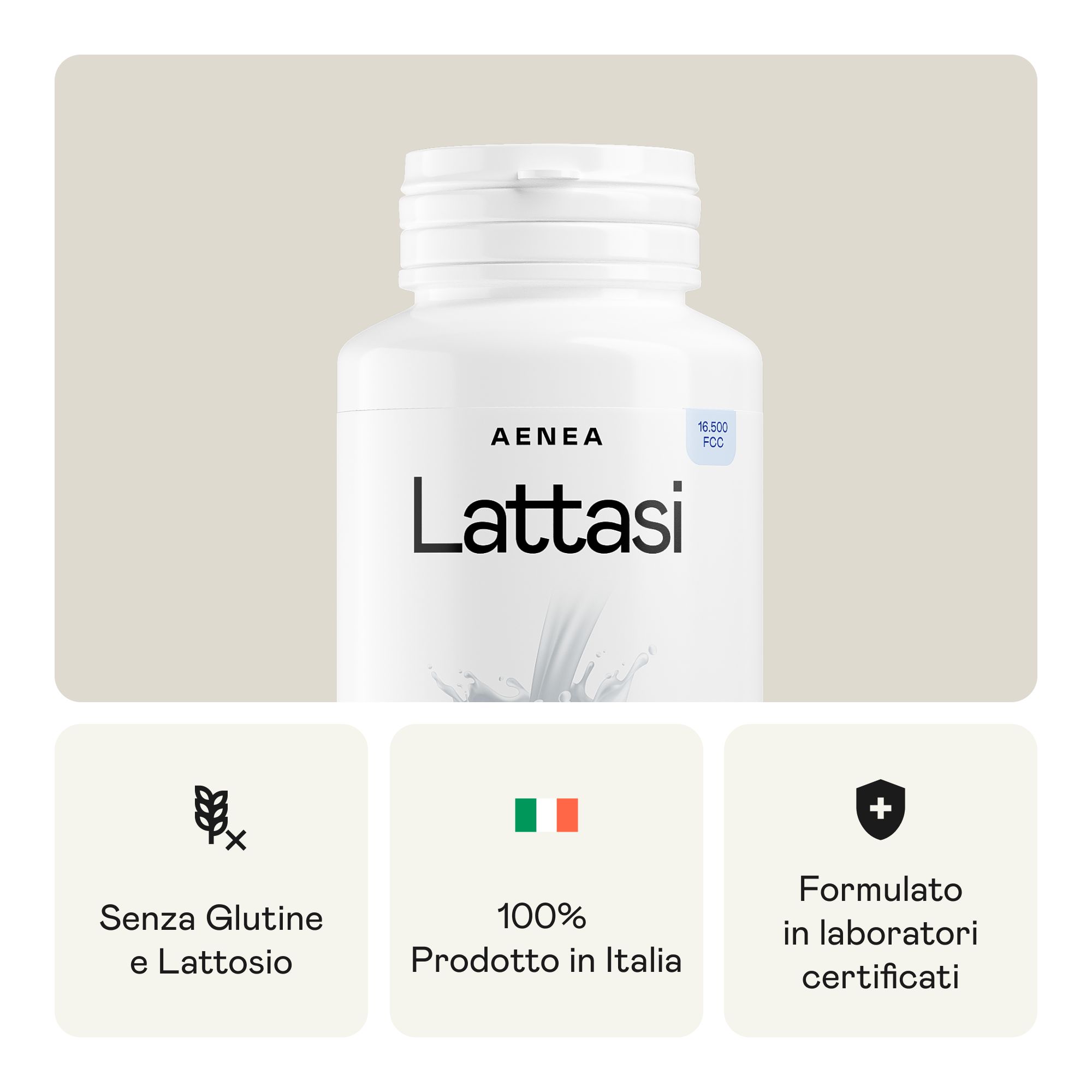 Flacone bianco con fascia blu. Scritta: Aenea Lattasi. Supplementi: Senza glutine, Prodotto in Italia, Certificato in laboratorio.