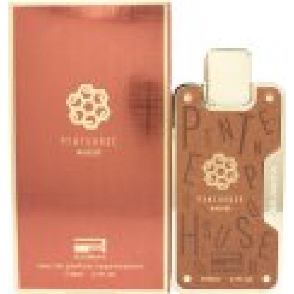 Flacone di profumo e confezione. Flacone rettangolare marrone. Confezione marrone con nome del prodotto.