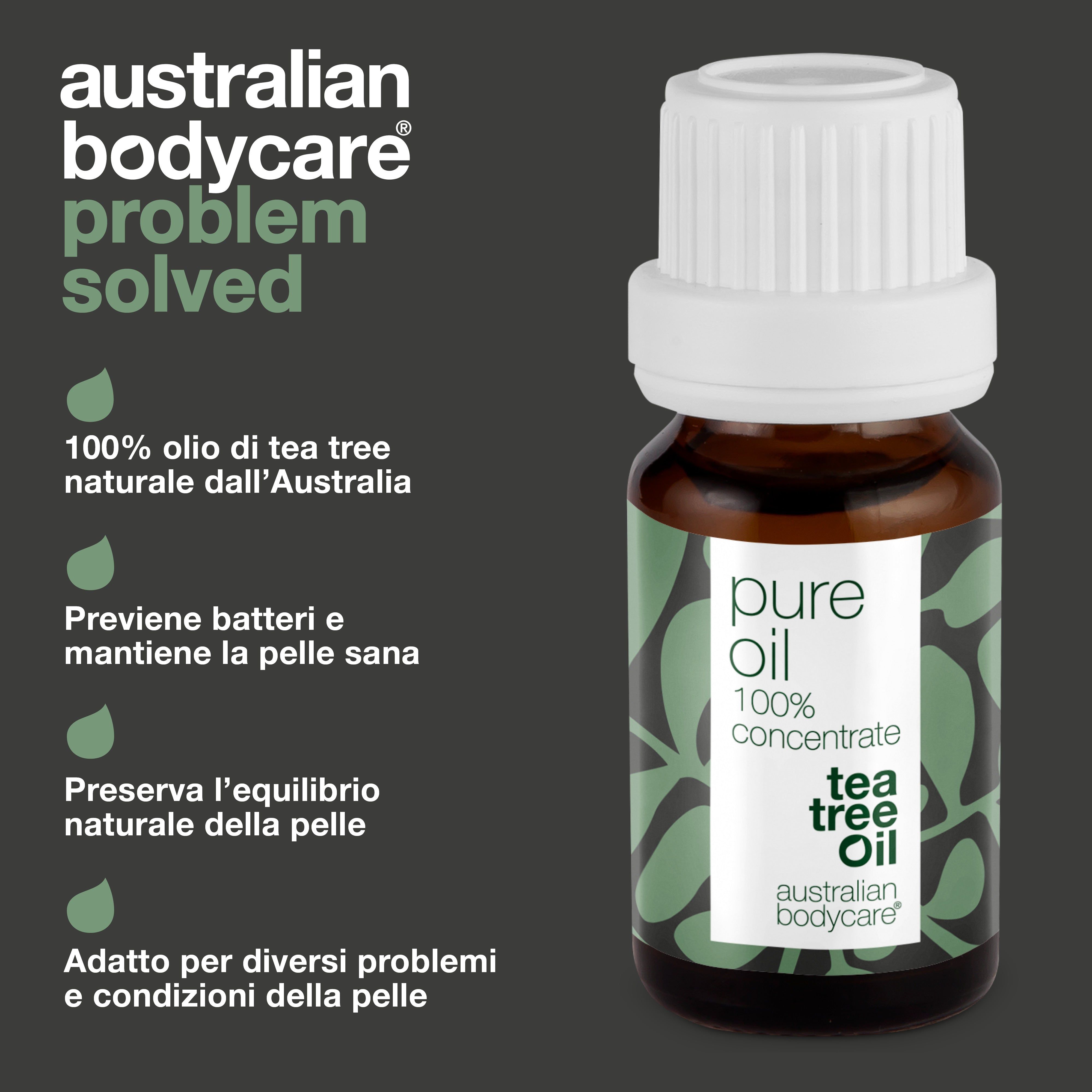 Grafica: problema risolto. Flacone con testo: pure oil, 100% concentrate, tea tree oil, australian bodycare. Testo e gocce.