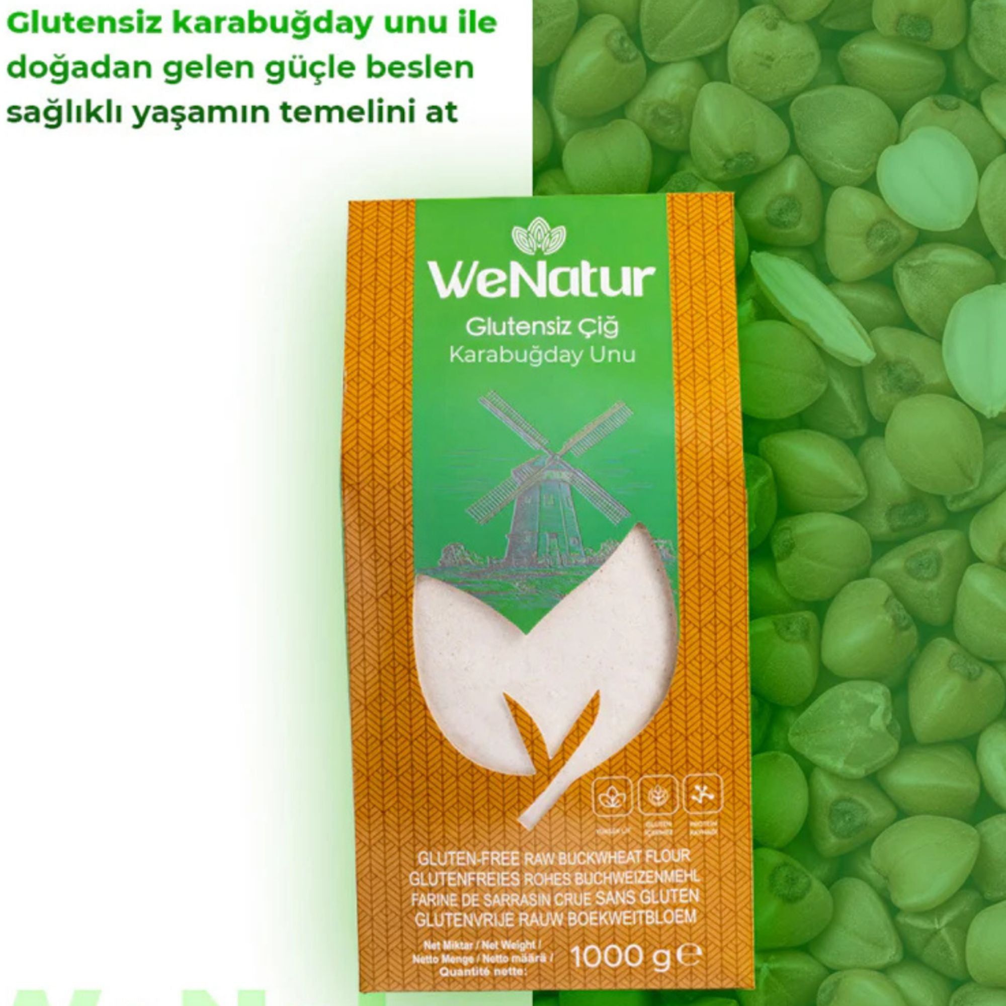 Confezione di farina di grano saraceno WeNatur senza glutine, con indicazione 1000g.