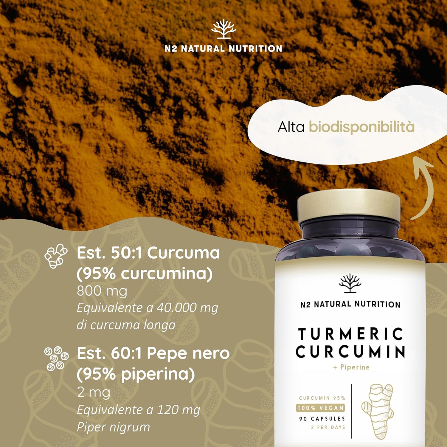Flacone marrone con capsule. Scritta: Turmeric Curcumin + Piperine. 90 capsule, 100% vegan. Testo: Ext. 50:1 Curcuma, 800 mg. Alta biodisponibilità.