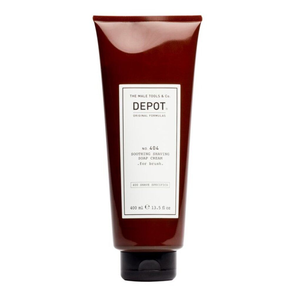 Tubo marrone con tappo nero. Etichetta bianca con testo: DEPOT, No. 404 Soothing Shaving Soap Cream. Volume: 400 ml.