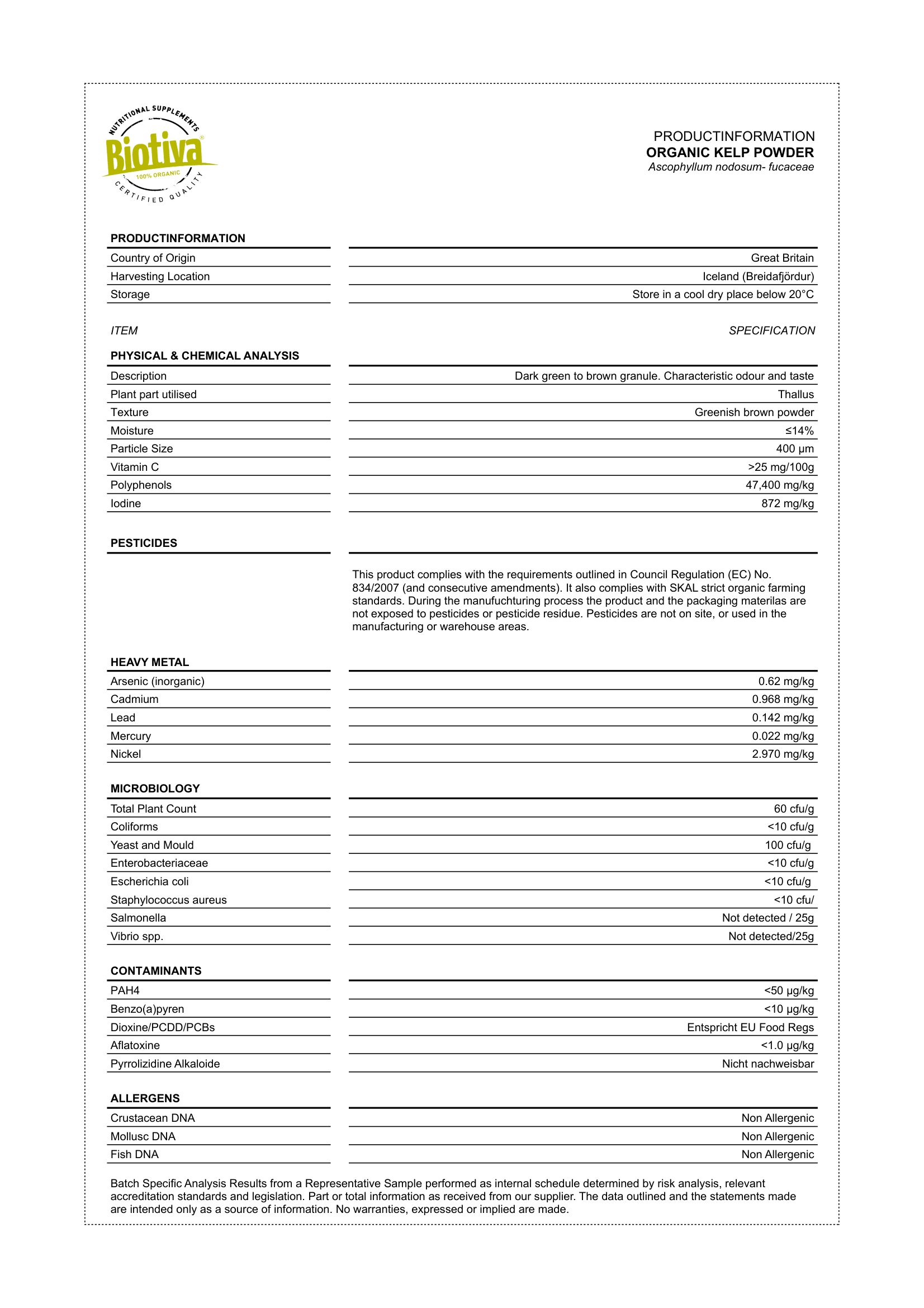 Tabella di informazioni sul prodotto. Contiene informazioni su origine, ingredienti, risultati delle analisi e pesticidi.