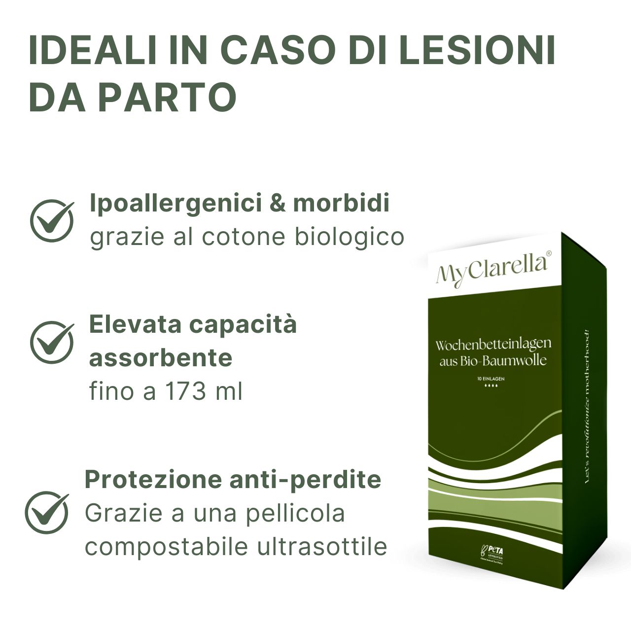 MyClarella Assorbenti post-parto: ideali per lesioni da parto. Ipoallergenici, assorbenti.
