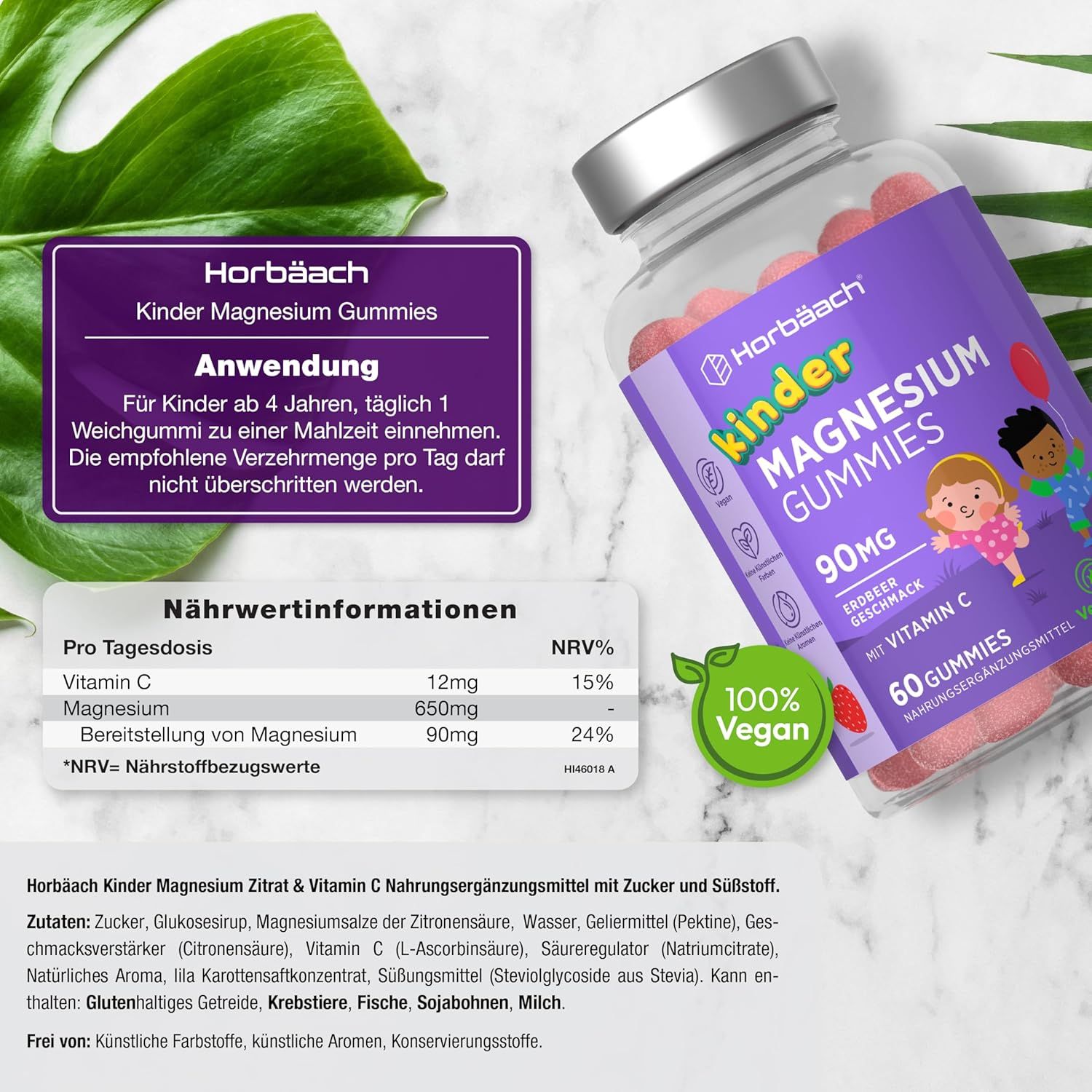 Horbaach Kinder Magnesium Gummies. Bottiglia viola con caramelle gommose. 60 caramelle, 90mg, gusto fragola. Vegano.