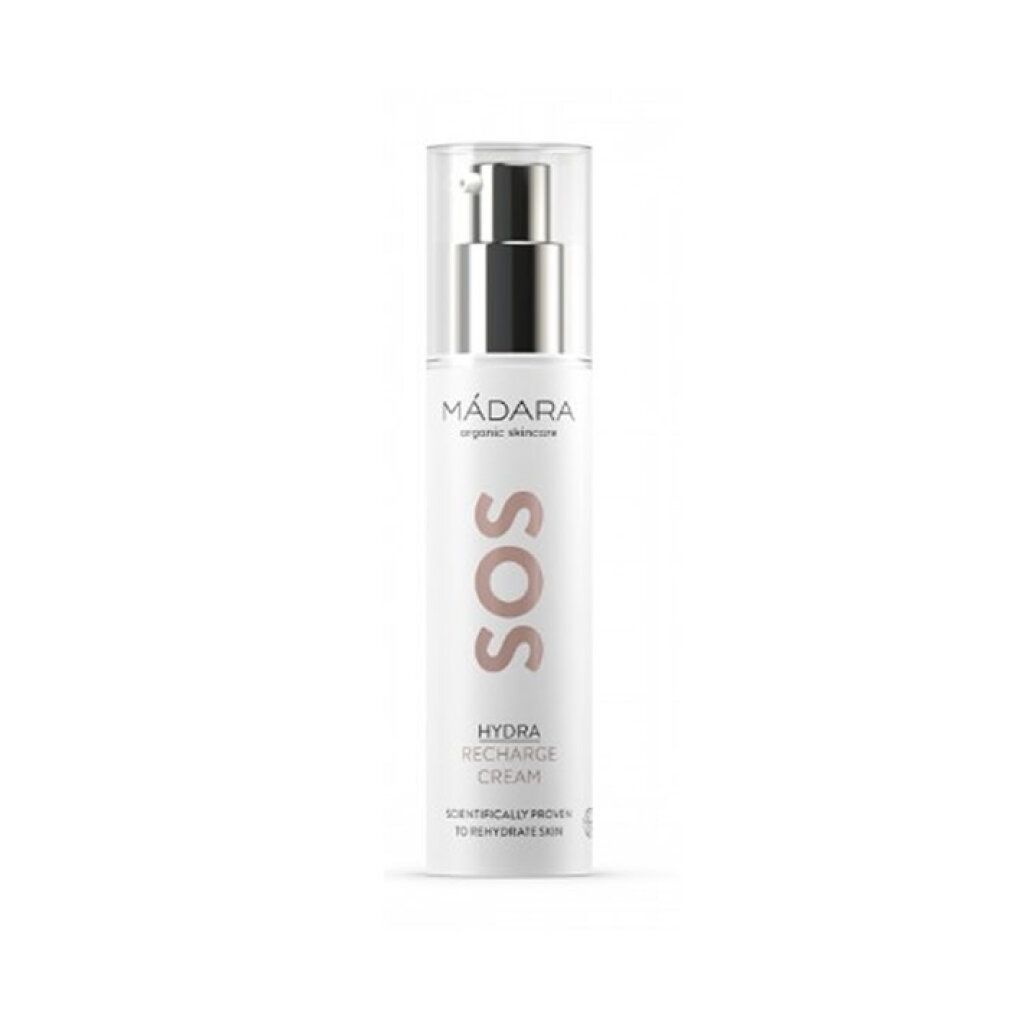 Flacone Madara SOS Hydra Recharge Cream con erogatore a pompa.