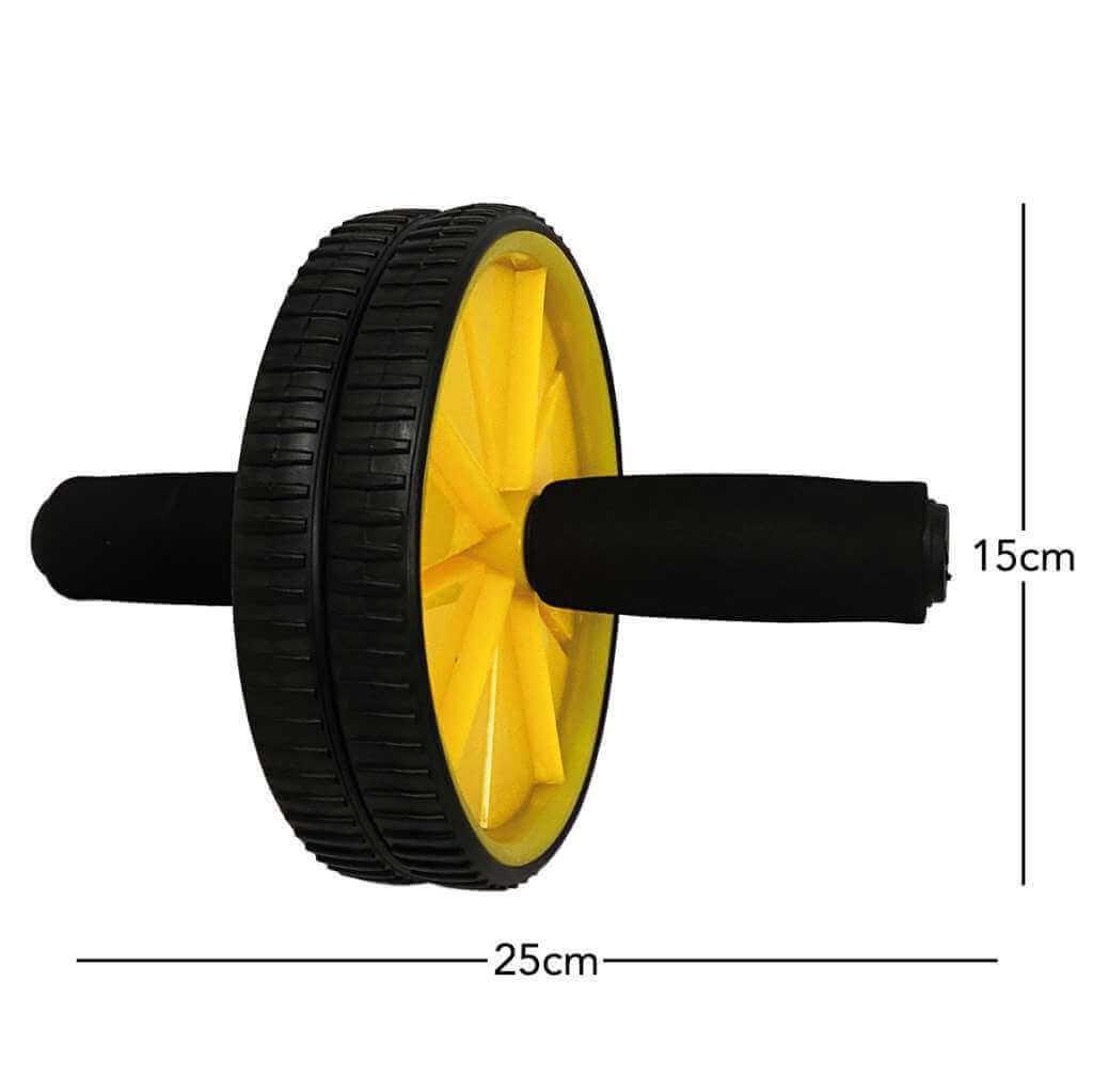 Ruota fitness con ruote gialle, pneumatici neri e maniglie. Dimensioni: 25cm x 15cm.