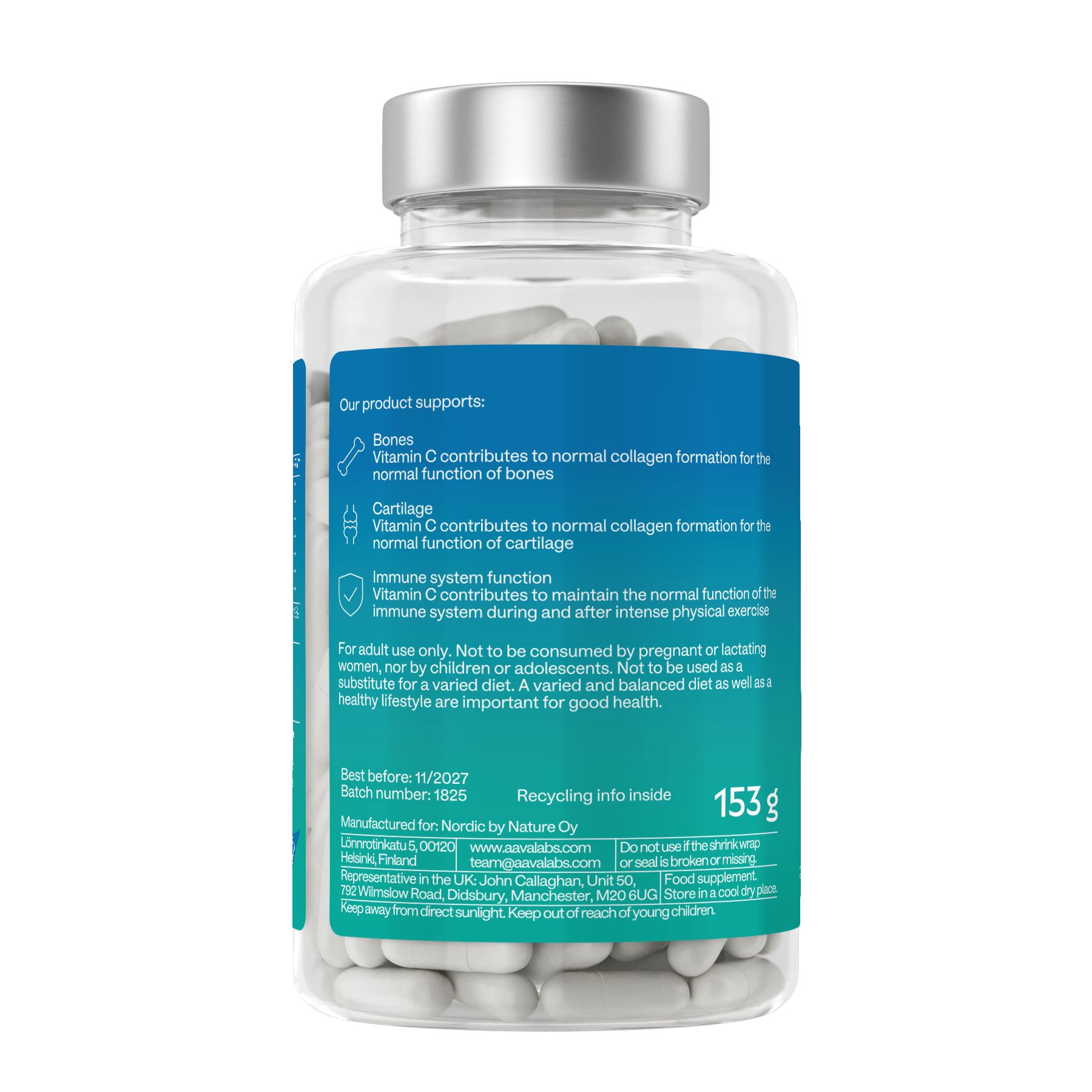 Retro di un flacone di capsule Aavalabs Glucosamina & Condroitina Complex. Contiene informazioni sul supporto del corpo.