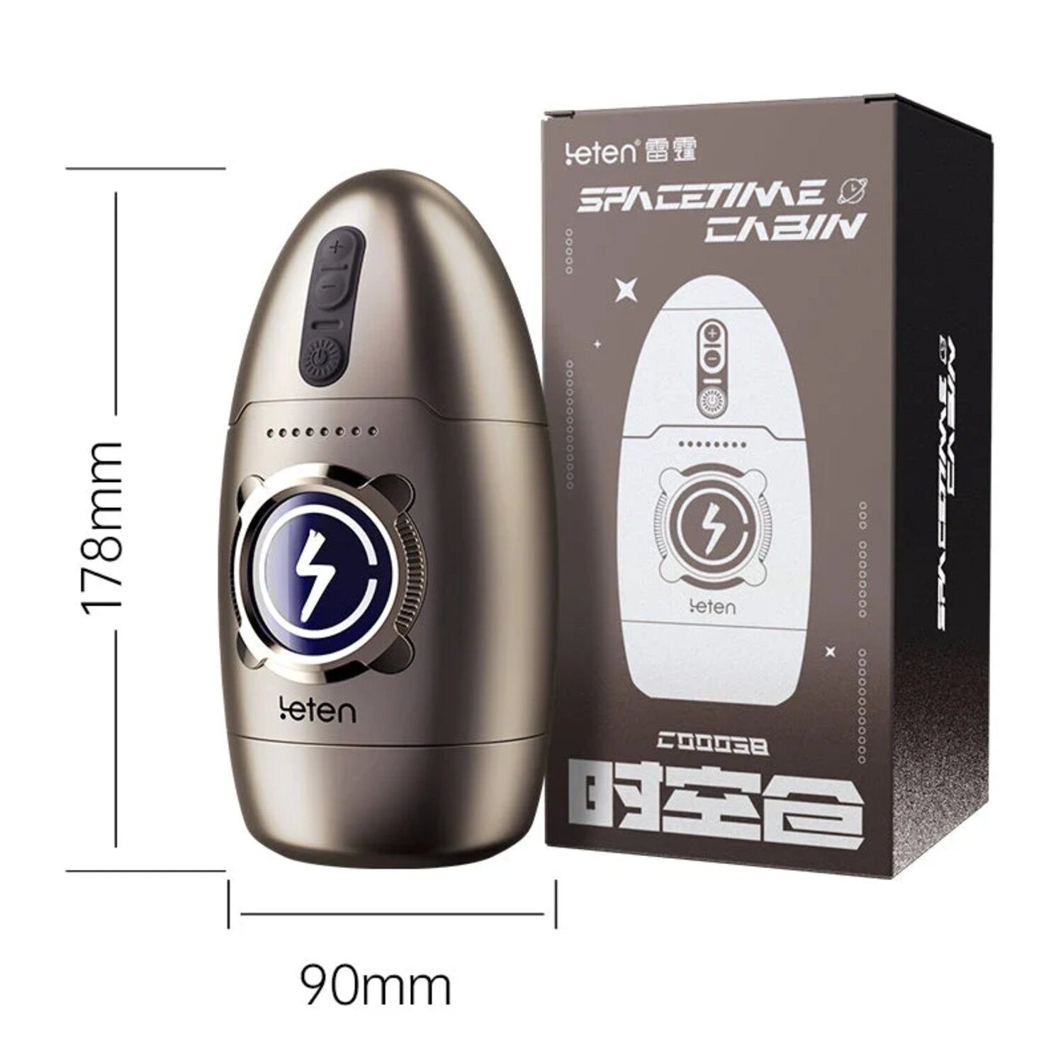 Dispositivo a forma di uovo con confezione. Dimensioni: 178mm altezza, 90mm larghezza. Display con fulmine e logo.