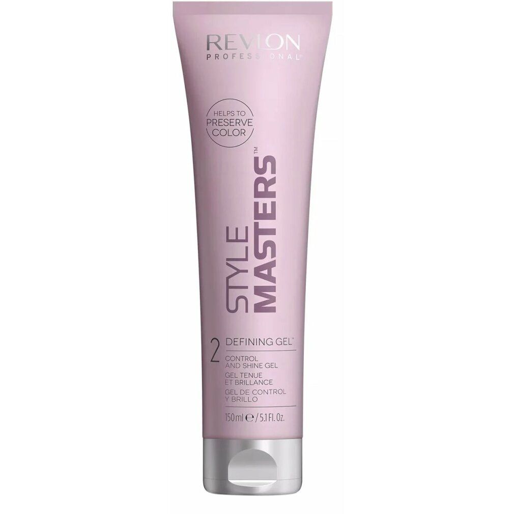 Tubo di gel Revlon Style Masters. Tubo lilla chiaro con tappo argentato. Testo: Revlon, Style Masters, Defining Gel, 150ml/5.1 fl.oz.