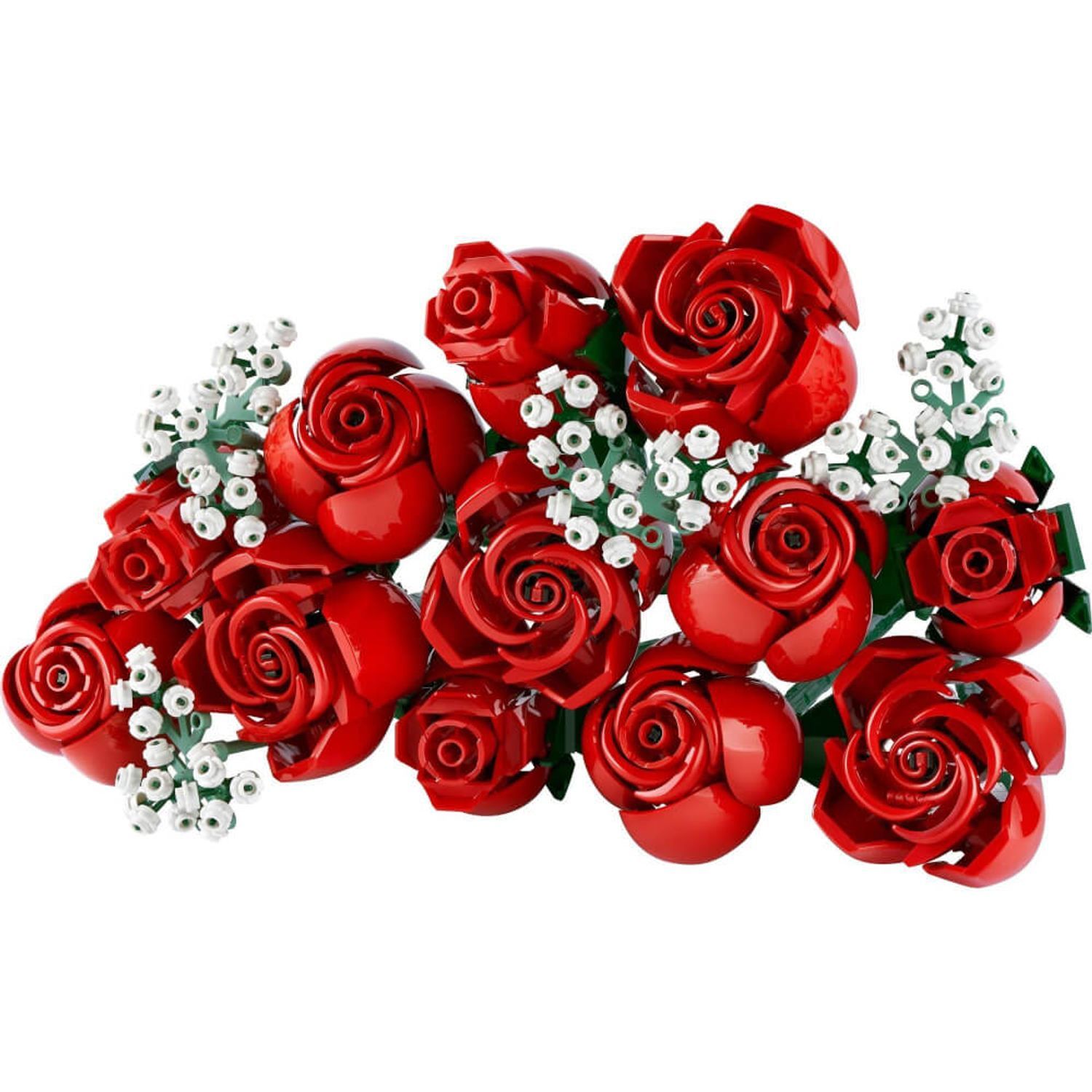 Bouquet di rose rosse con fiori bianchi. Primo piano delle rose e dei fiori.
