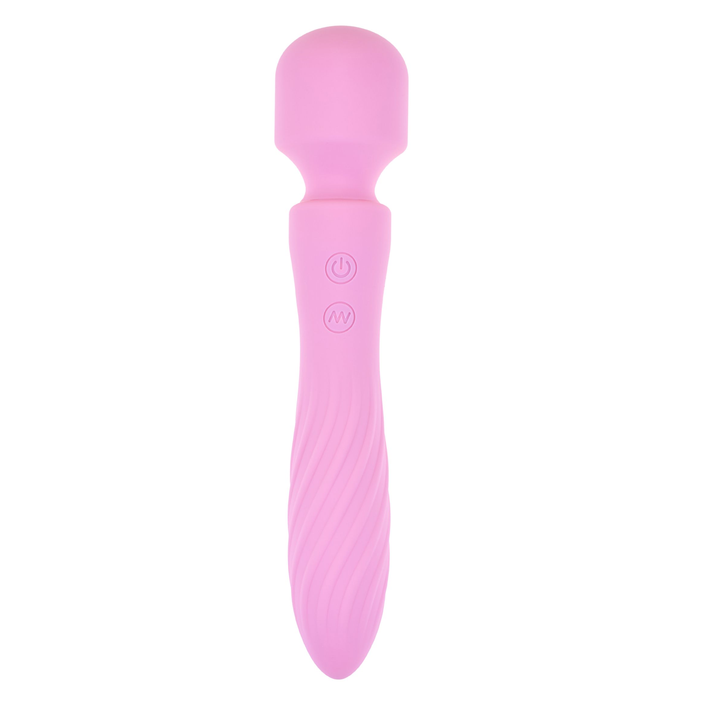 Vibratore rosa con testa arrotondata e manico ondulato. Due pulsanti con simboli. Su sfondo bianco.