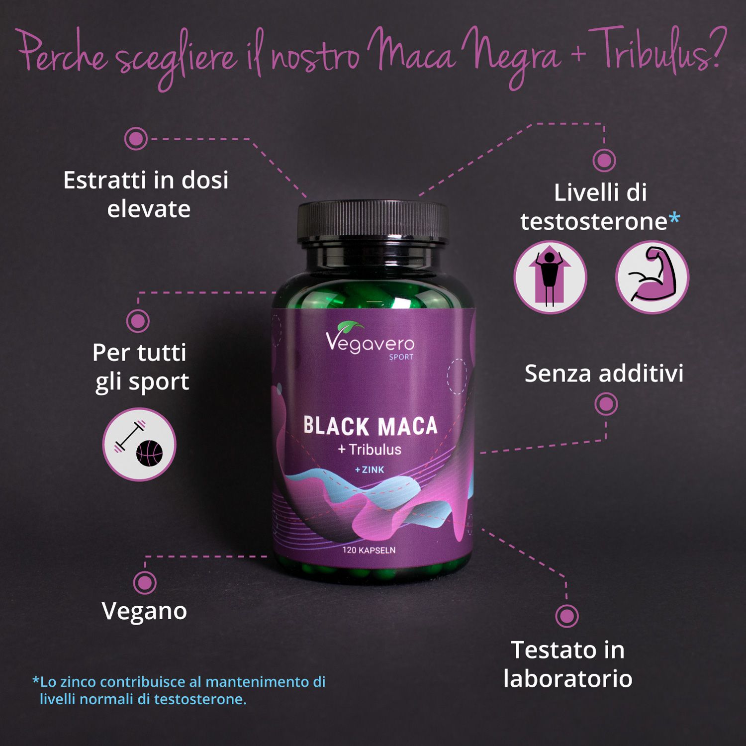 VEGAVERO Maca Nera + Tribulus + Zinco