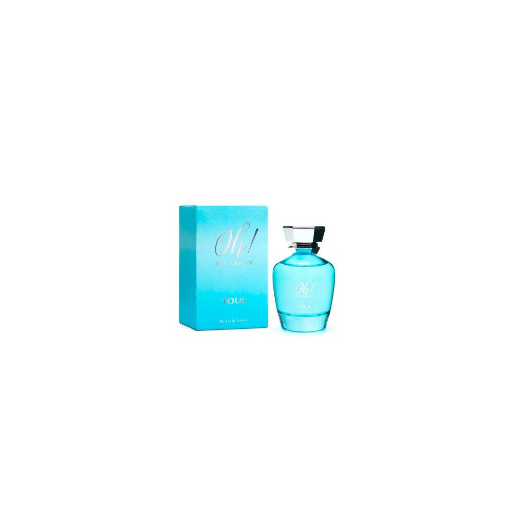 Eau de toilette azzurra con scatola abbinata. Scritta "Oh! The Origin" e "TOUS". Flacone con tappo argentato.