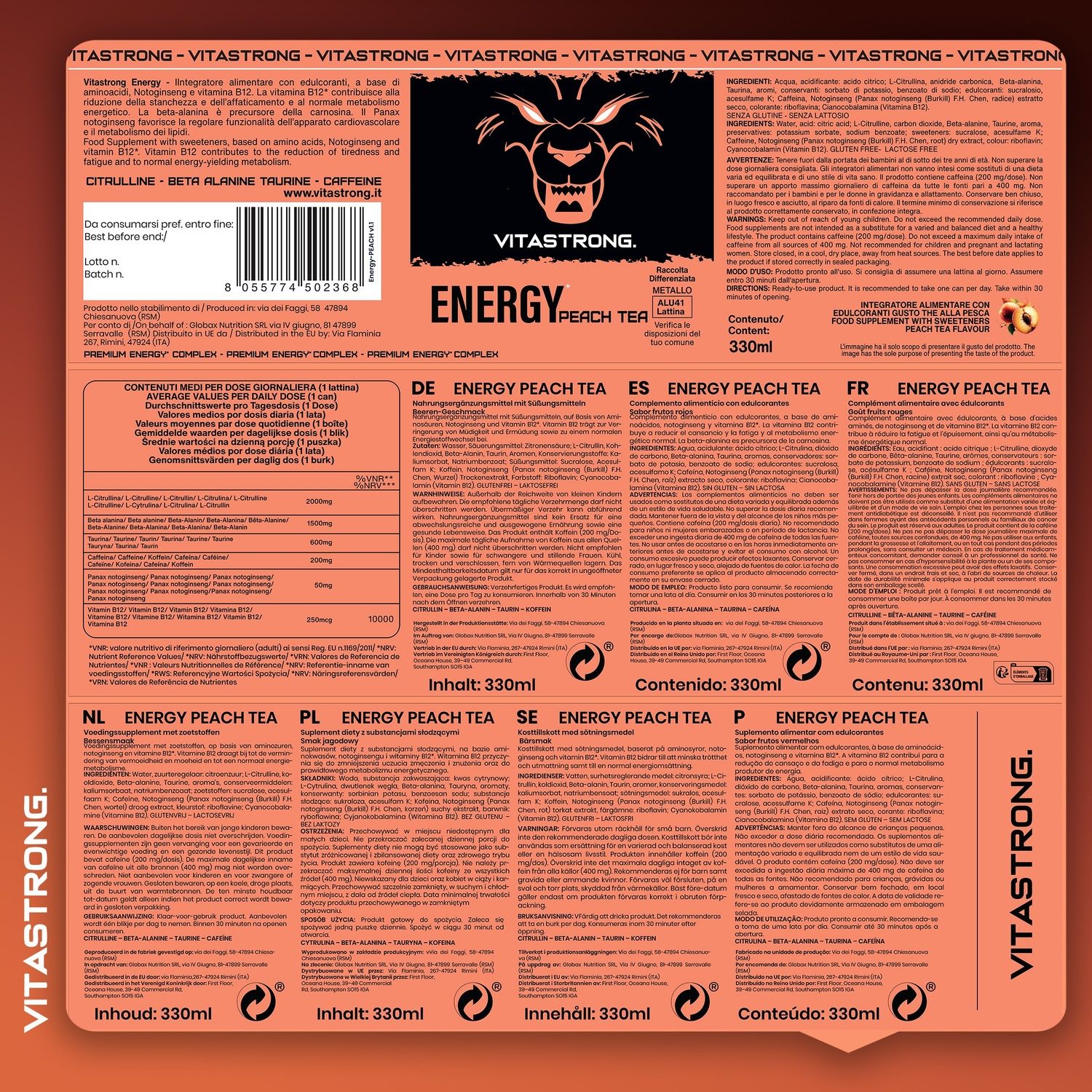 Retro della lattina. Testo: Energy Peach Tea. Ingredienti, informazioni nutrizionali, avvertenze. Multilingue.