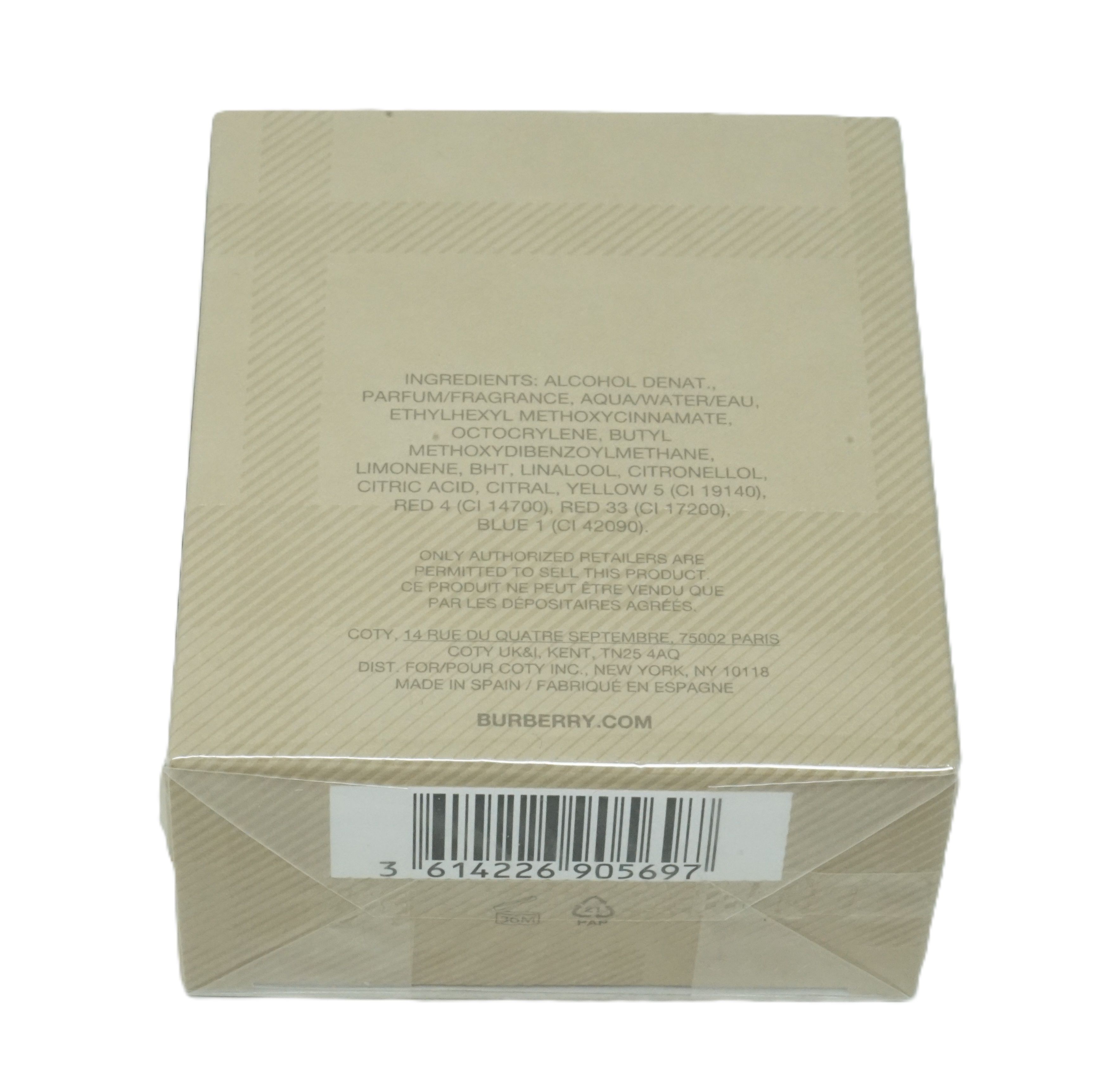 Confezione in cartone con ingredienti e codice a barre. Testo: BURBERRY.com. Beige con motivo a quadri.