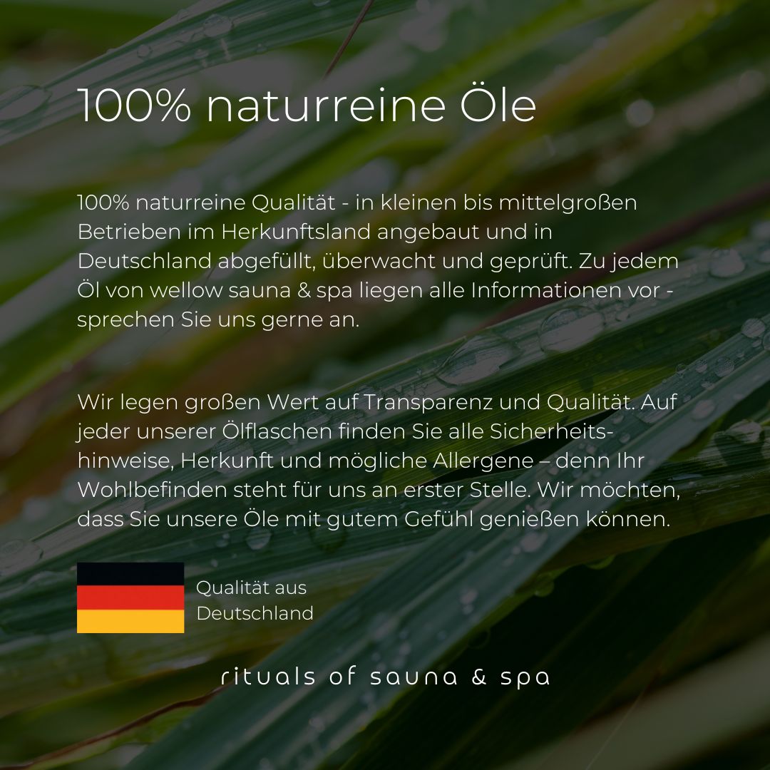 Testo con informazioni sugli oli 100% naturali. Bandiera tedesca. Logo: rituals of sauna & spa.