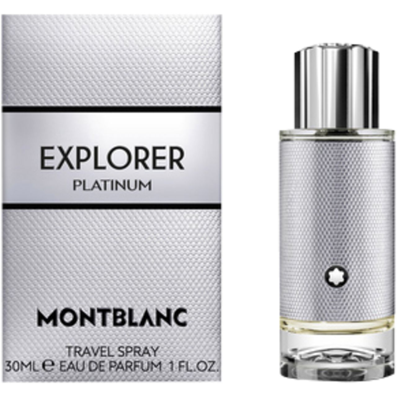 Flacone e confezione. Confezione con scritta Explorer Platinum e logo Montblanc. Flacone argentato.