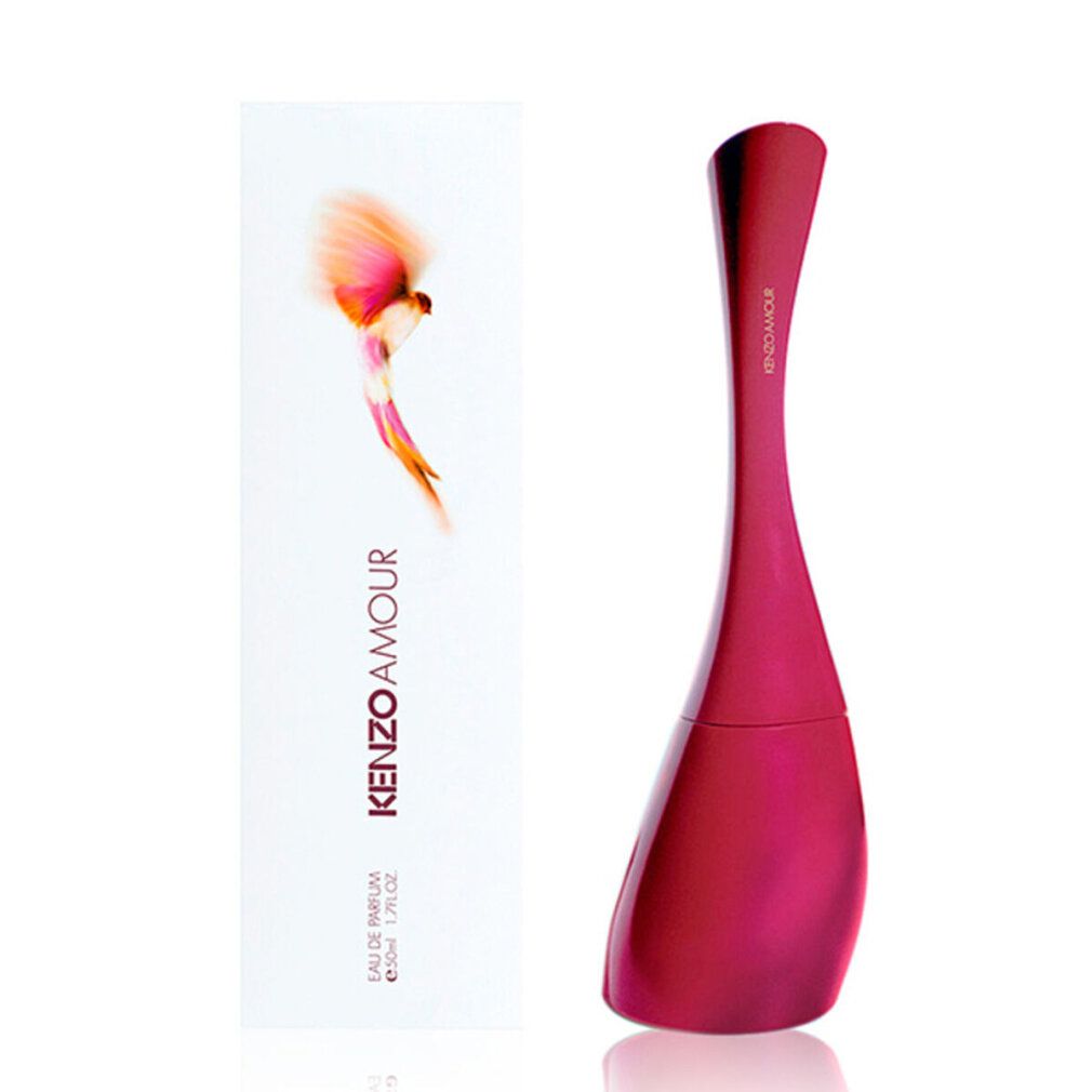 Flacone e confezione di Kenzo Amour Eau de Parfum Spray. Flacone rosa, confezione bianca con logo e illustrazione di uccello.