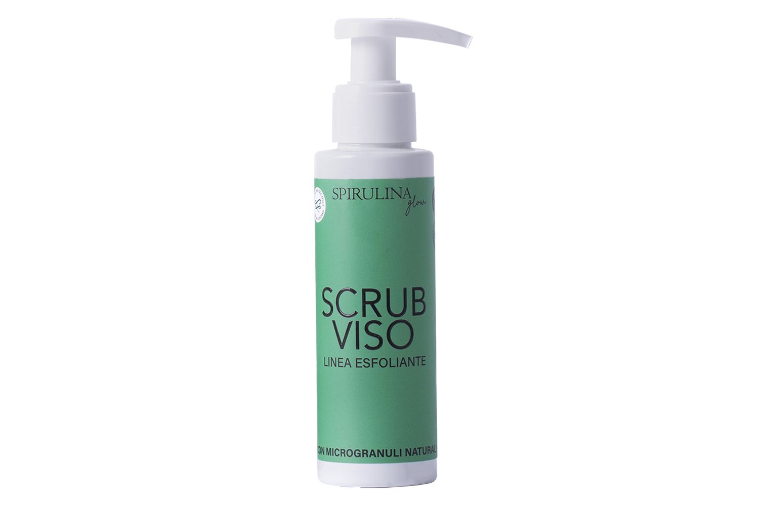 Flacone verde con dosatore bianco. Testo: Spirulina, Scrub Viso, Linea Esfoliante. Con Microgranuli Naturali.