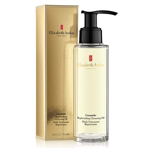 Olio detergente Elizabeth Arden Ceramide con confezione dorata. Flacone trasparente con dosatore nero. Logo visibile.