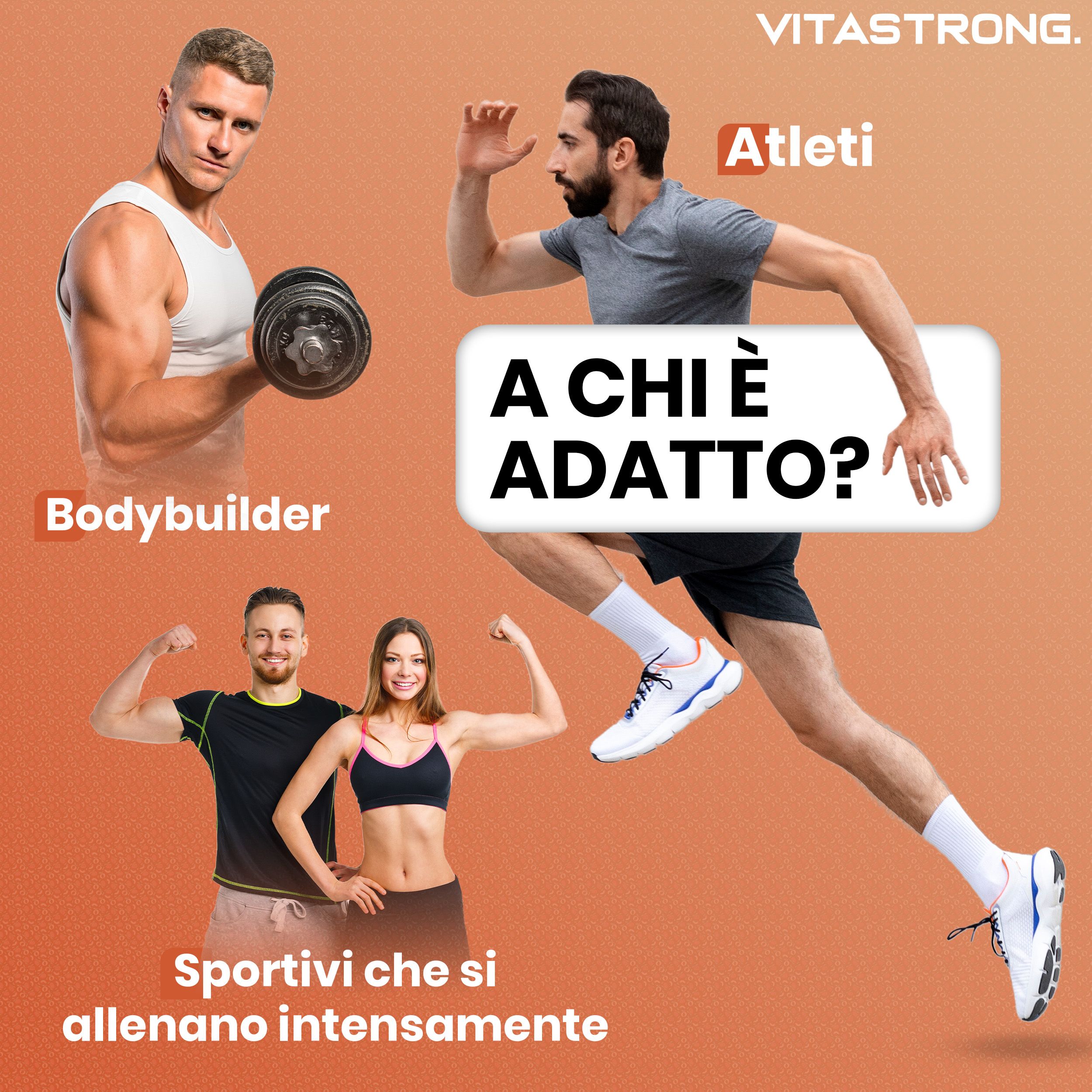 Vitastrong EAA Pro, barattolo. 9 aminoacidi, BCAA, glutammina. Gusto pesca. Atleti e testo.