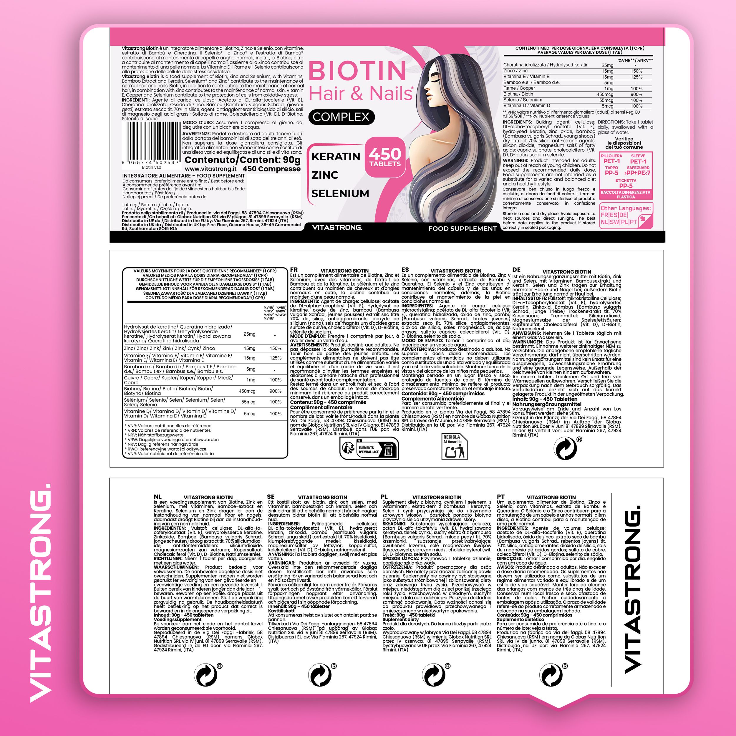 Confezione del prodotto con informazioni. Contiene testo in diverse lingue. Marchio Vitastrong. Nome del prodotto: Biotin Hair & Nails Complex.