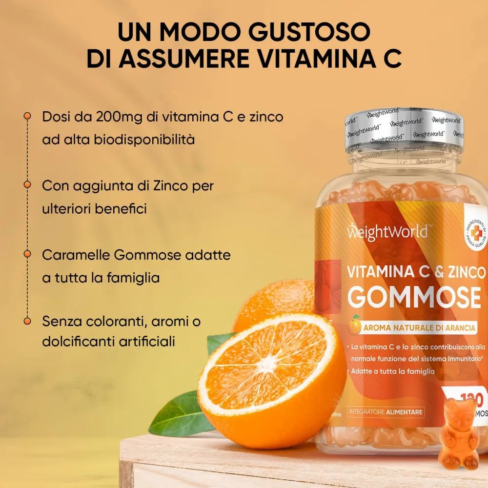 Weightworld Vitamin C & Zink Gummibärchen. Bottiglia, testo, arance. 120 caramelle gommose. Gusto arancia naturale.