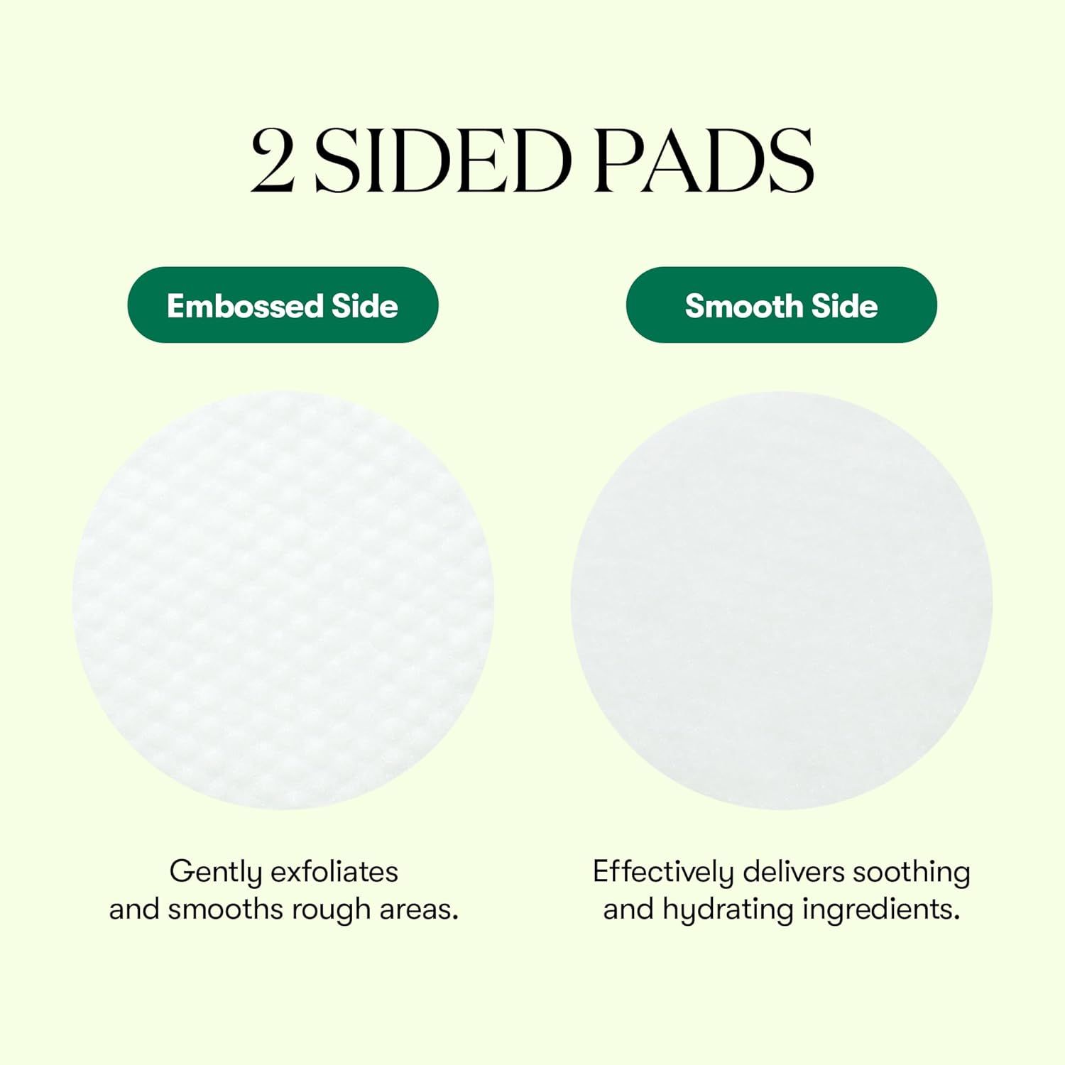 Due pad toner rotondi. Un lato strutturato, l'altro liscio. Testo: Embossed Side, Smooth Side. Descrizioni delle funzioni.