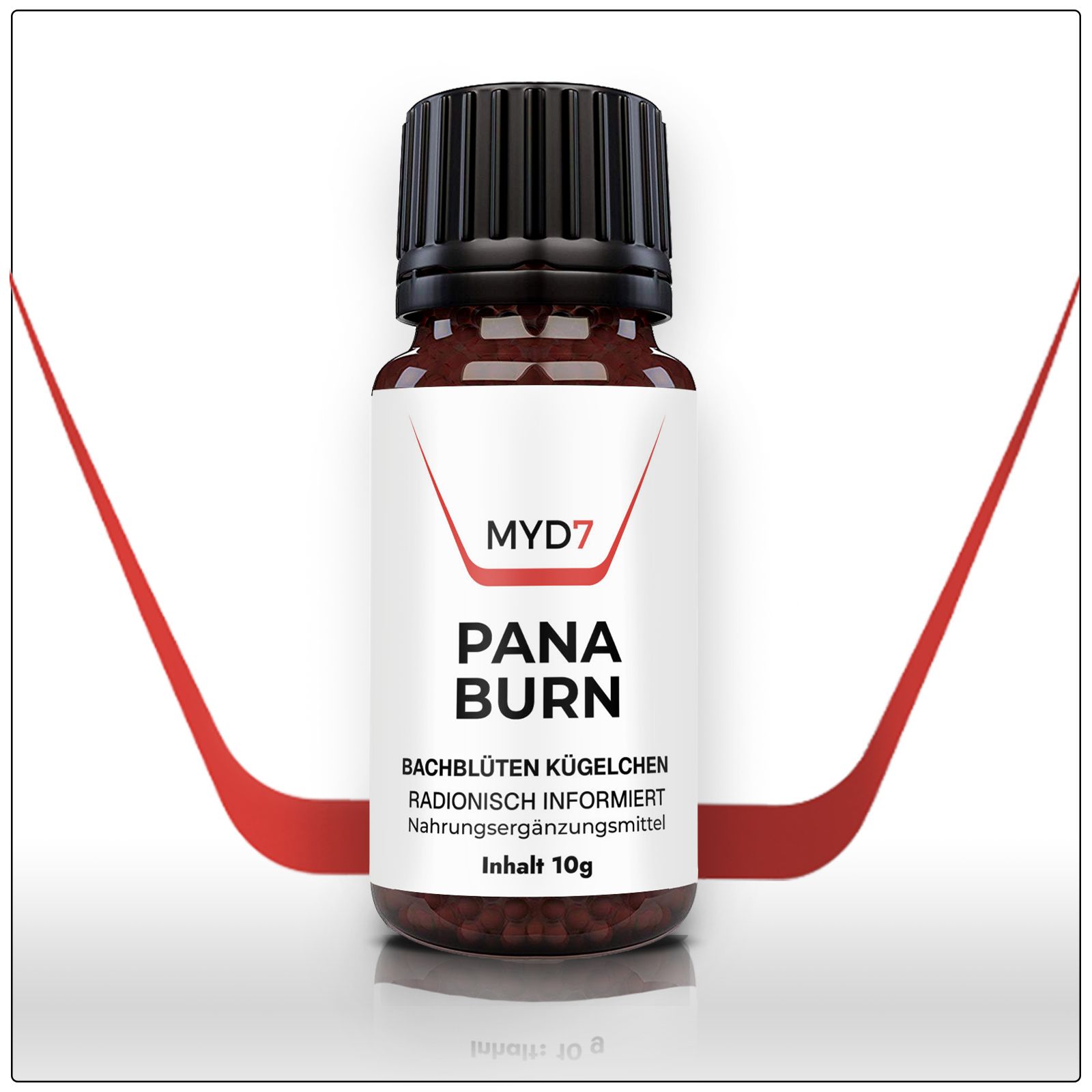 Flacone di vetro marrone con tappo nero. Etichetta con "MYD7", "PANA BURN" e altri testi. Contenuto 10g. Linee rosse sullo sfondo.