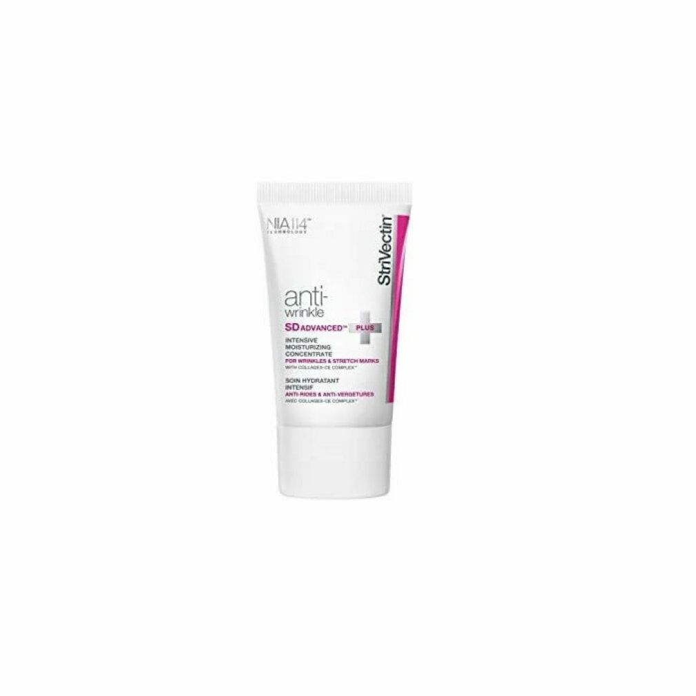 Tubo bianco piccolo con dettagli rosa. Scritta: Anti-Wrinkle SD Advanced Plus, Concentrato idratante intensivo. Marchio: Strivectin.