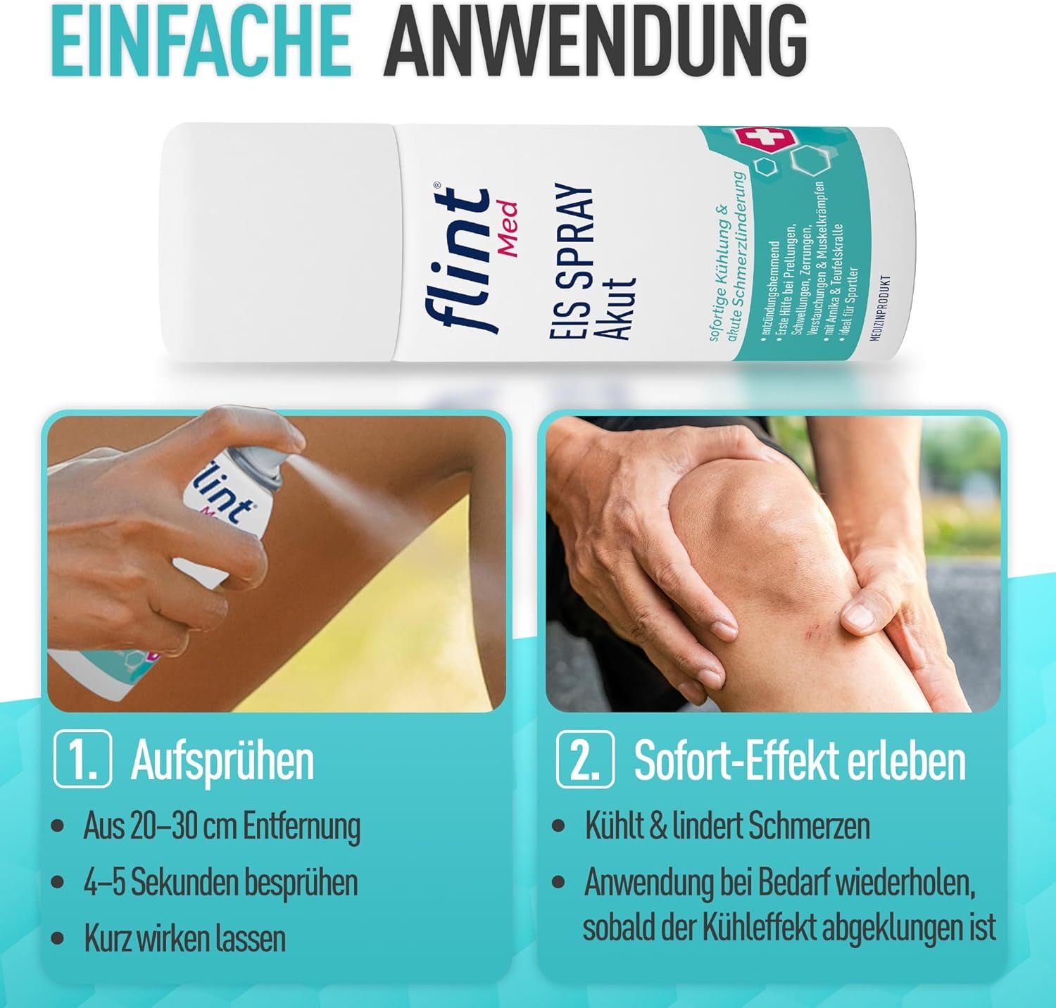 Applicazione: spruzzare lo spray, spruzzare per 4-5 secondi, lasciare agire brevemente. Ginocchio con spray. Testo: Raffredda e allevia il dolore.