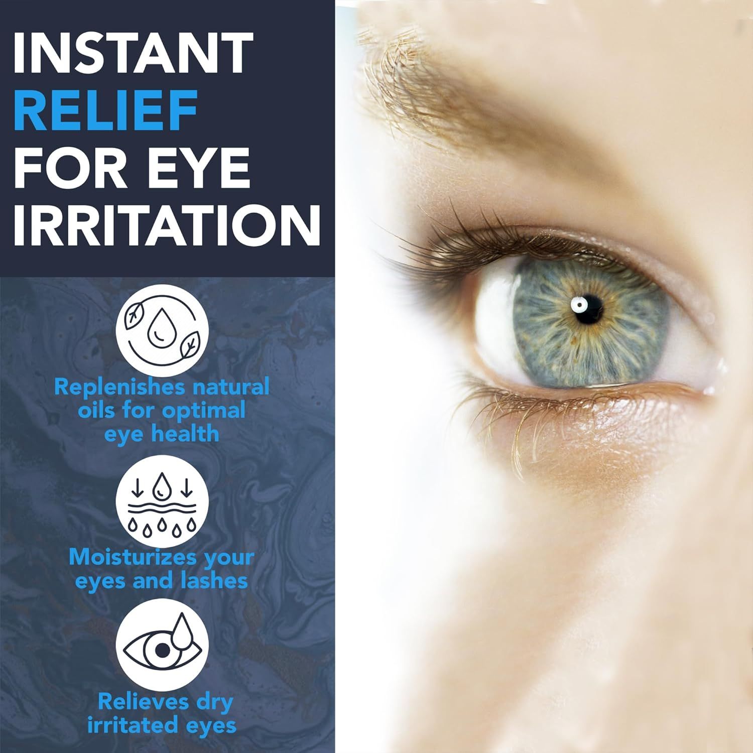 Occhio con iride blu. Testo: Sollievo immediato per l'irritazione degli occhi. Illustrazioni: oli, idratazione, occhi secchi.