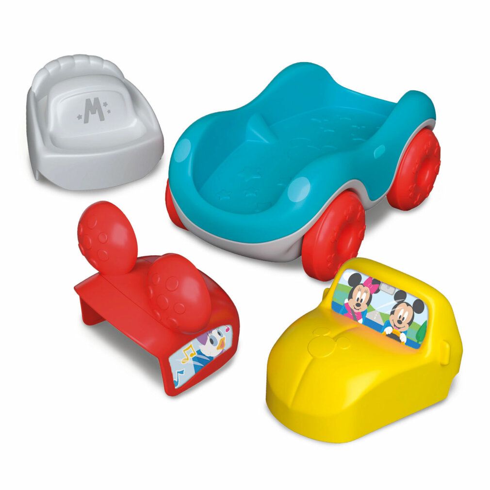 Quattro pezzi di un'auto giocattolo: carrozzeria, ruote, tetto con orecchie, finestrini con personaggi. Colori: blu, giallo, rosso.