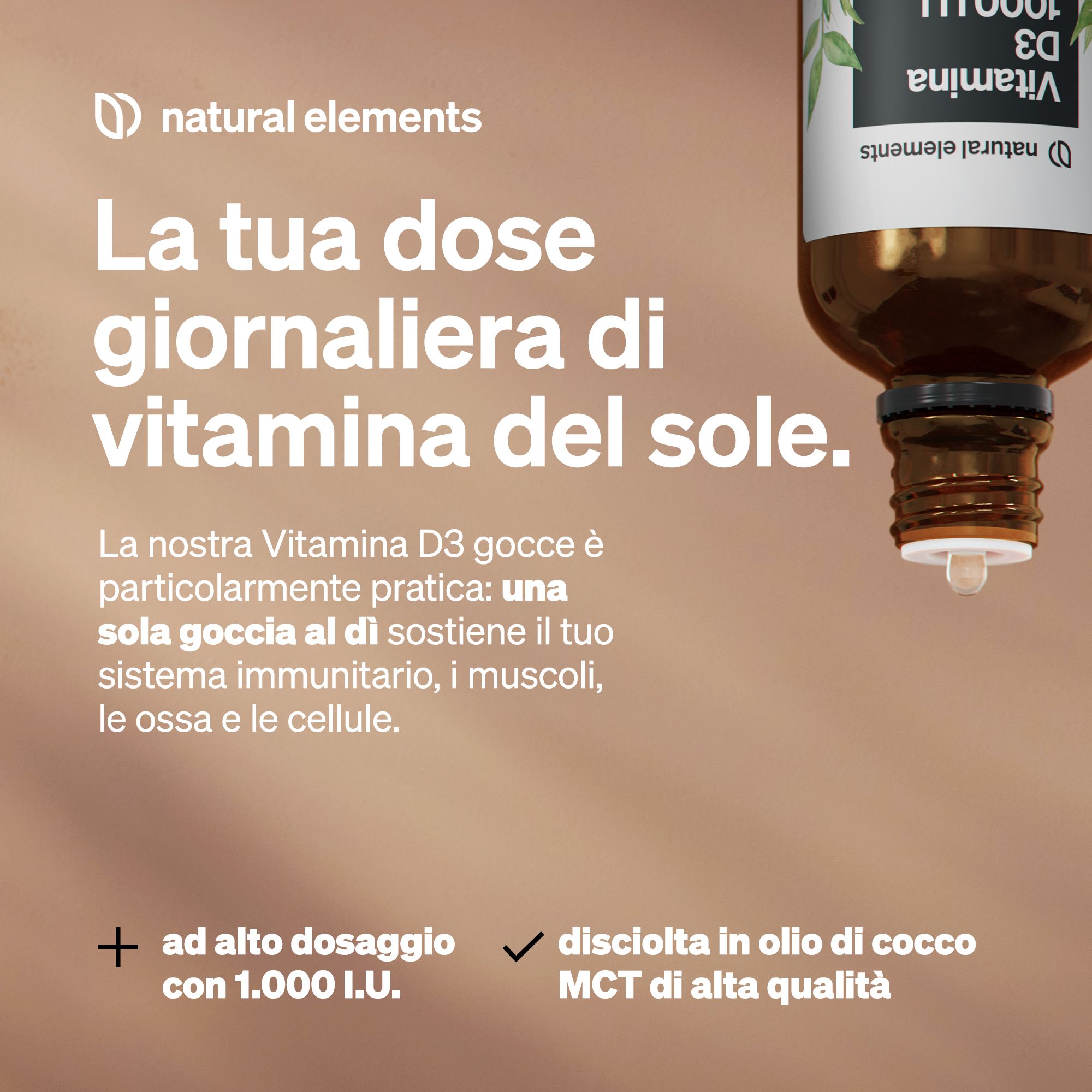 Flacone in vetro marrone con contagocce per gocce di Vitamina D3, 1000 UI.