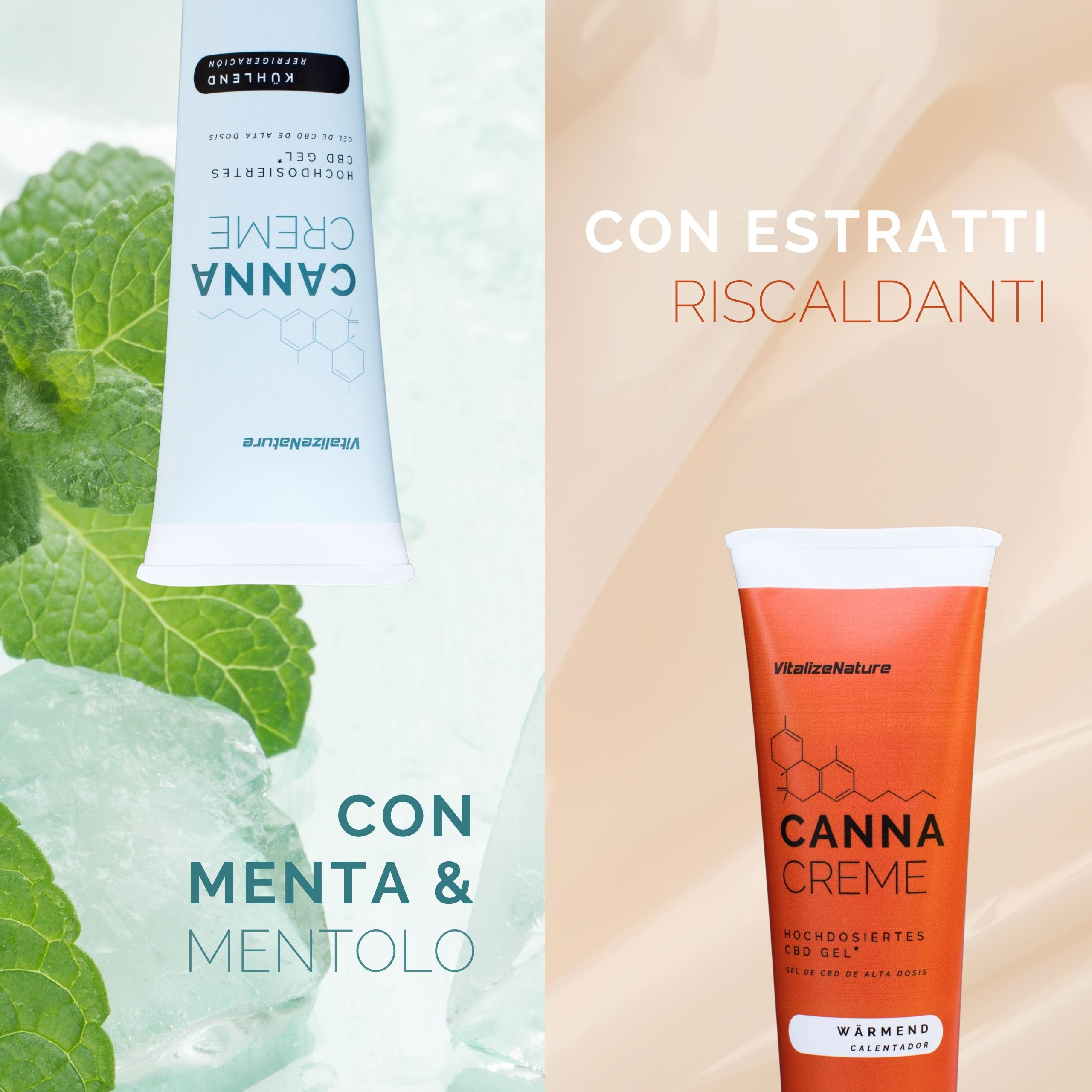 Tubo arancione con tappo bianco. Testo: Canna Creme, riscaldante, gel CBD. Coppia che cammina sulla spiaggia.